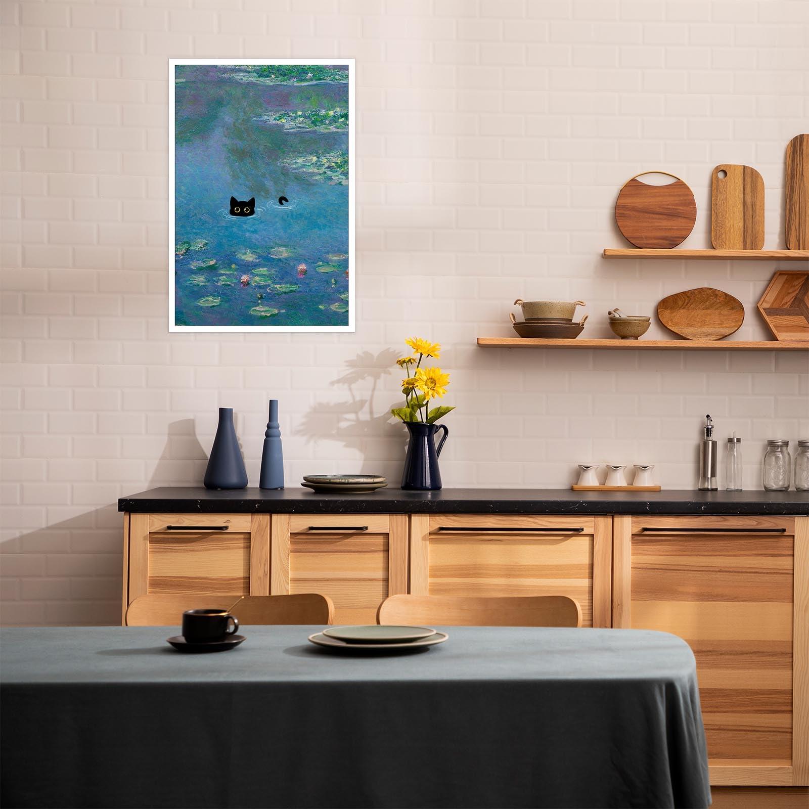 YODOOLTLY YODOOLTLY Retro Canvas Monet Waterlily Cat Print Posters Funny Water Lillies Black Cat Prints Painting Eclectic Cute Preppy Aesthetic Room Decor For Bedroom Bathroom 16x24in Unframed