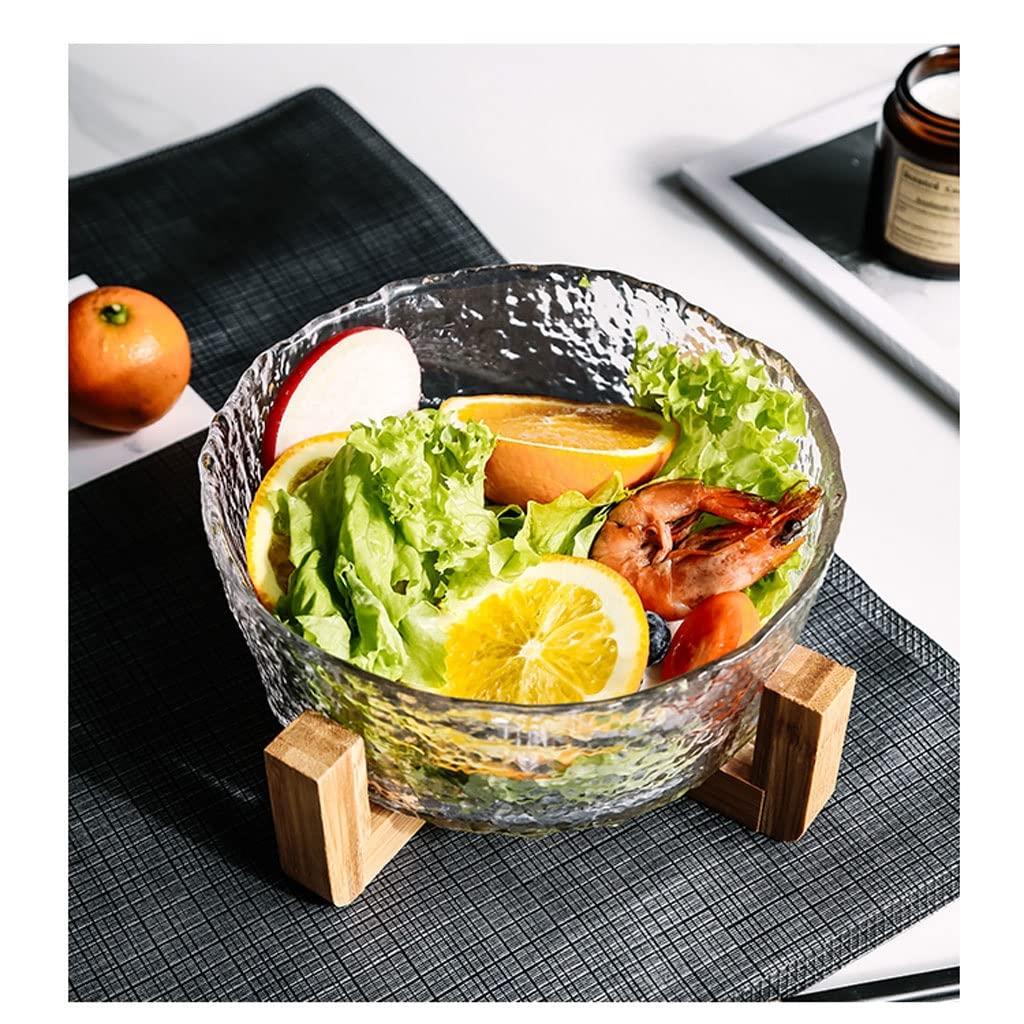 VIORED Creative Salad Bowl Salad Bowl Glass Transparent Hammer Pattern Home Vegetable Fruit Dessert Bowl Crystal Salad Bowl with Wooden Stand Dessert Snack Serving Bowls (Color : B2pc)