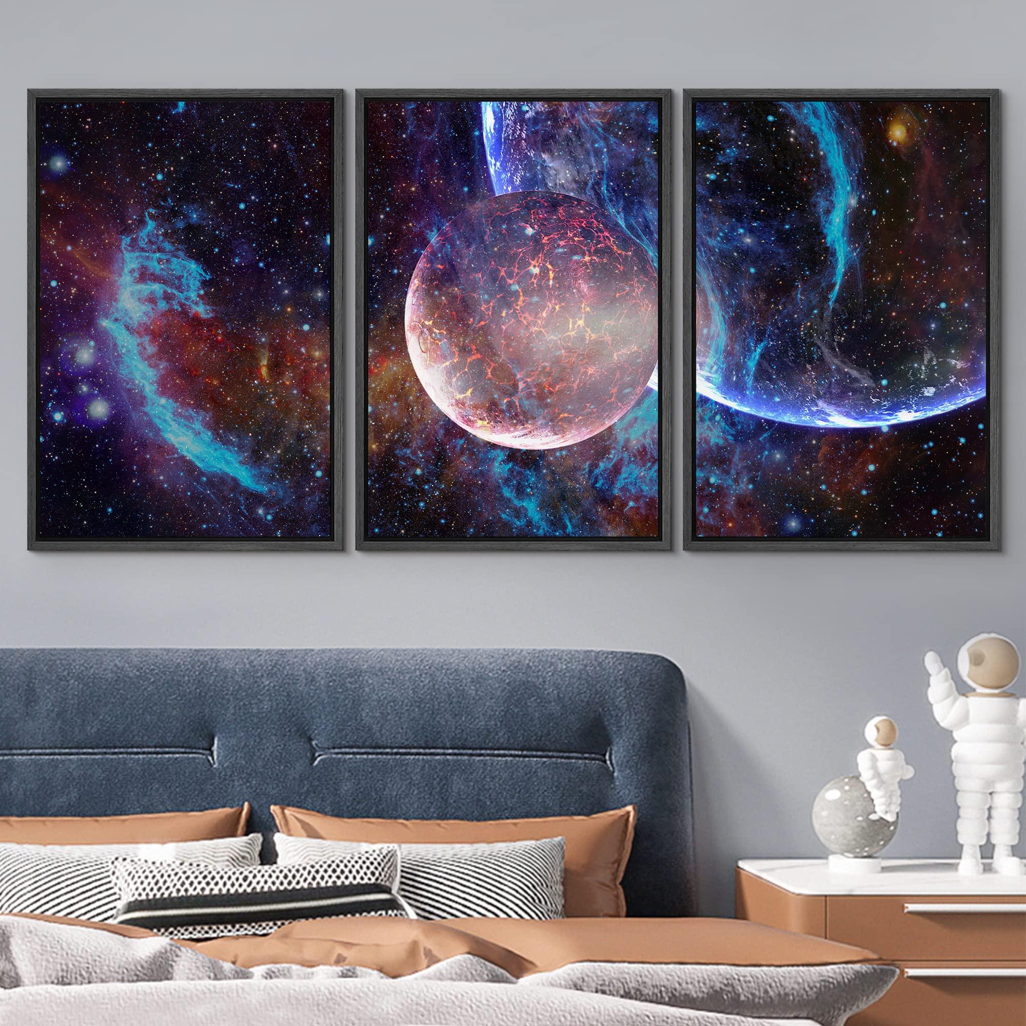 wall26 wall26 Framed Canvas Print Wall Art Set Blue Planet Galaxy Eclipse Astronomy & Space Nature Digital Art Sci-Fi & Fantasy Decorative Landscape for Living Room, Bedroom, Office - 24\"x36\"x3 BLACK