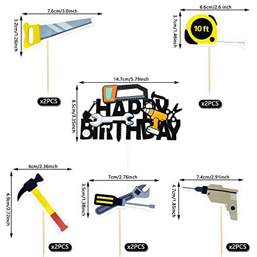 KDPATFAV 18PCS Tools Cake Topper Tools Cake Decorations Toolbox Wrench Hammer Mechanic Drill Plier Handsaw Tape Measure Screwdrivers Themed Happy Birthday Party Decor