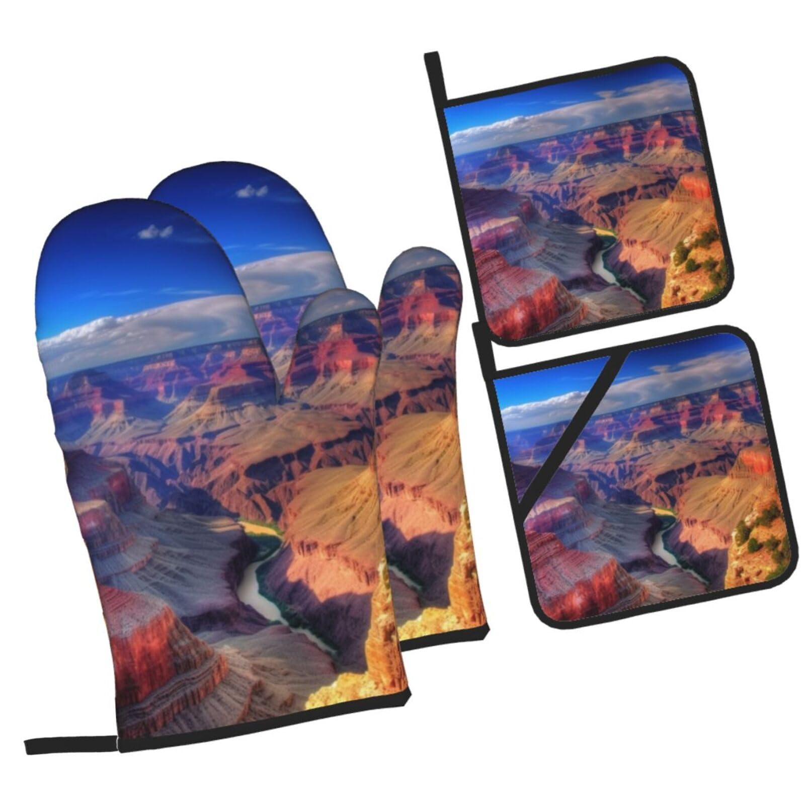 AdaNti Beauty Grand Canyon Print Oven Mitts and Pot Holders 4pcs Set High Heat Resistant Hot Pads Waterproof Oven Gloves BBQ Gloves for BBQ Cooking Baking