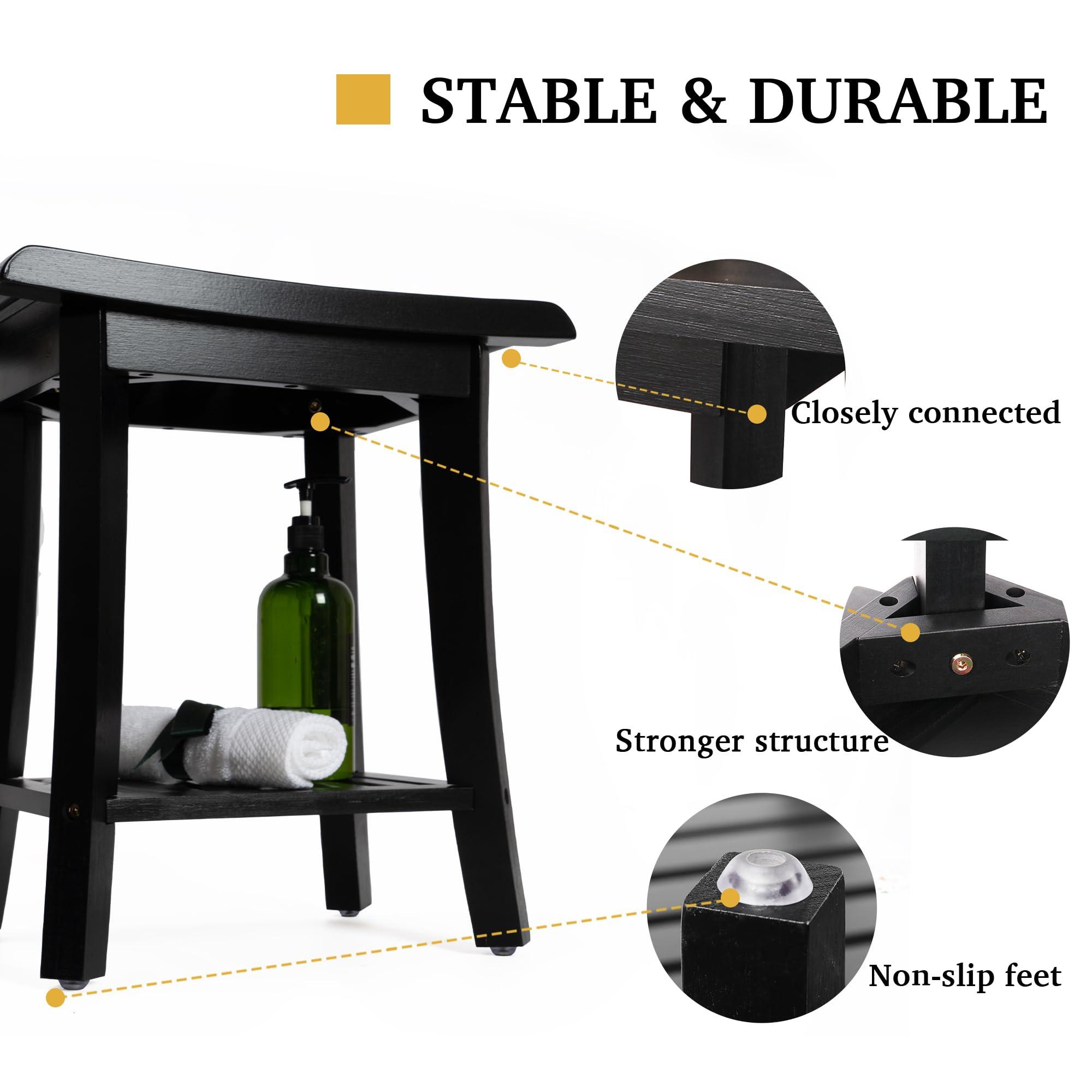 Unibambou Bamboo Shower Bench Inside Shower Stool with Storage Shelf, Spa Bath Chair for Bathroom, Seat or Organizer for Living Room, Bedroom and Garden - Great for All Ages Unisex Elderly (Small, Black)