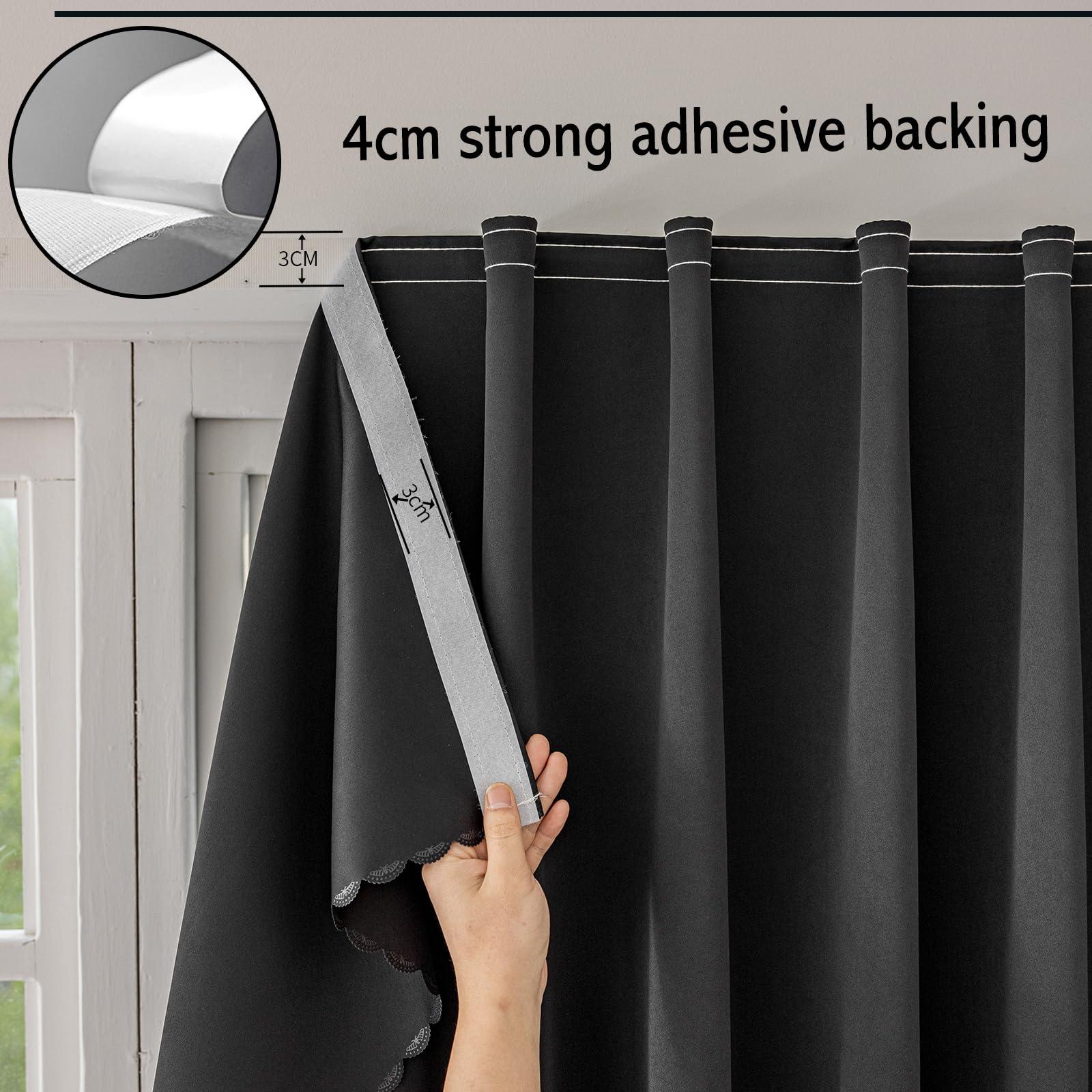 Jilron Jilron Magic Tape Stick on Curtains Blackout Curtains for Bedroom no Drillng Self Adhesive Curtain no Rod Small Window (Black, 35" W x 59" L) 2 Panels