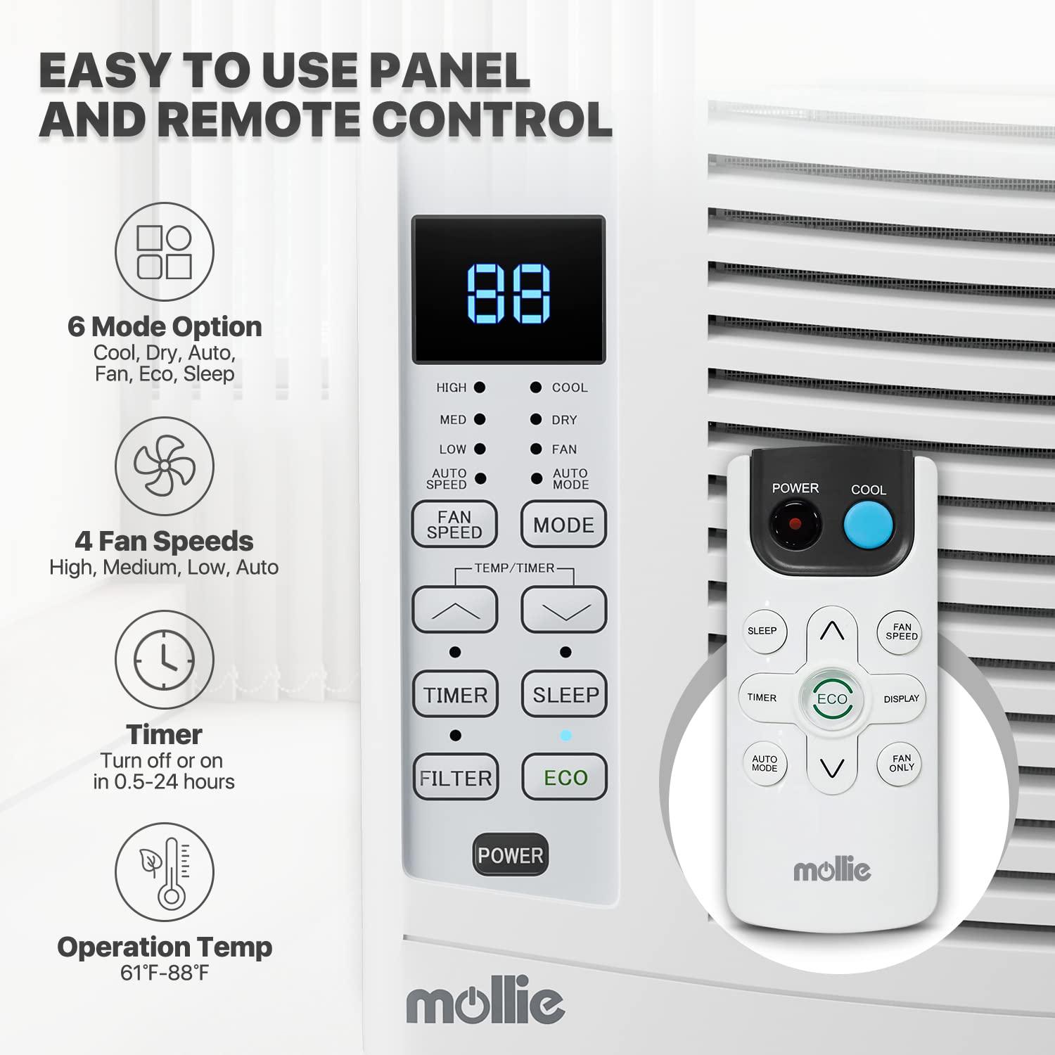 mollie mollie 6000 BTU Window Air Conditioner, ac window unit with Washable Filter, Remote, Dehumidifier, Fan, Cools Up to 250 Square Feet, 115V/60Hz