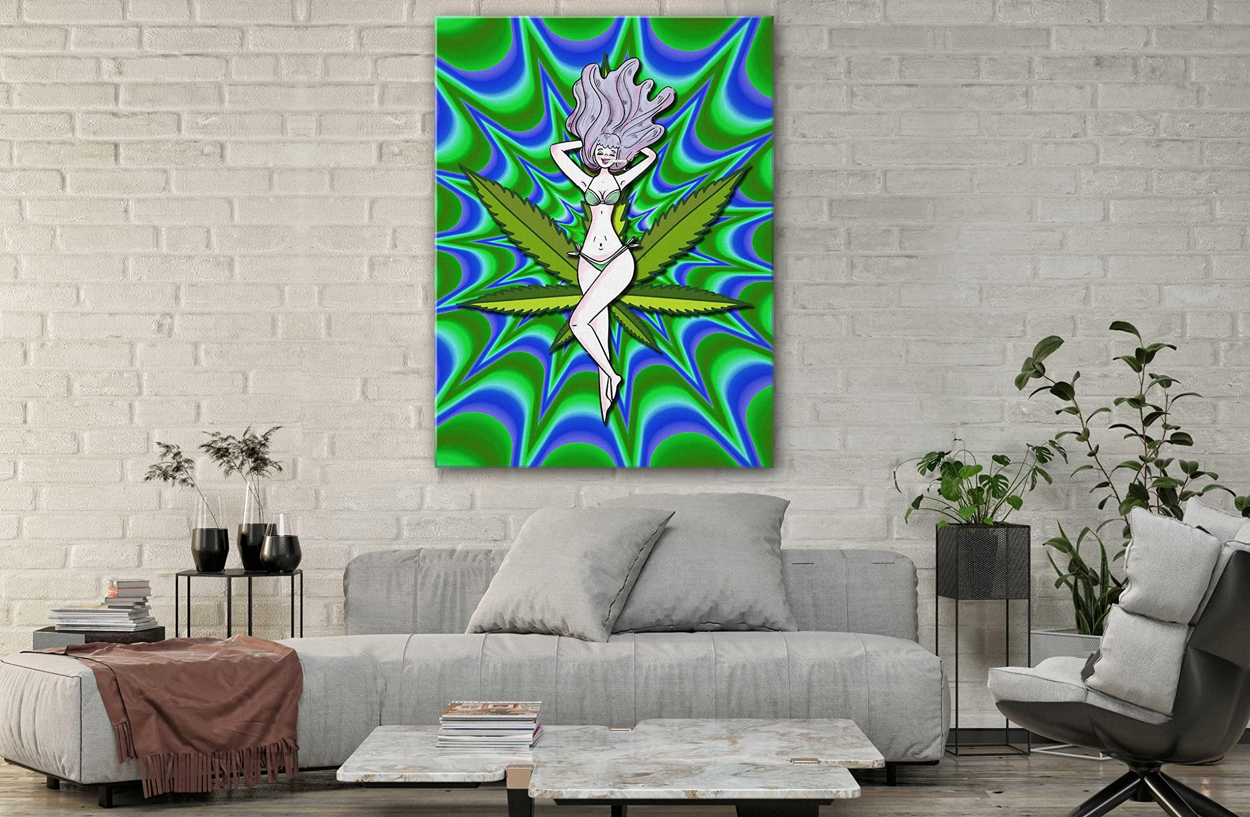SpiritualHands SpiritualHands Trippy Room Decor, Stoner Room Decor, Hippie Art, Stoner Pothead Poster Framed Canvas (Stoned in Bikini, 40\" x 60\" - Ready to Hang)