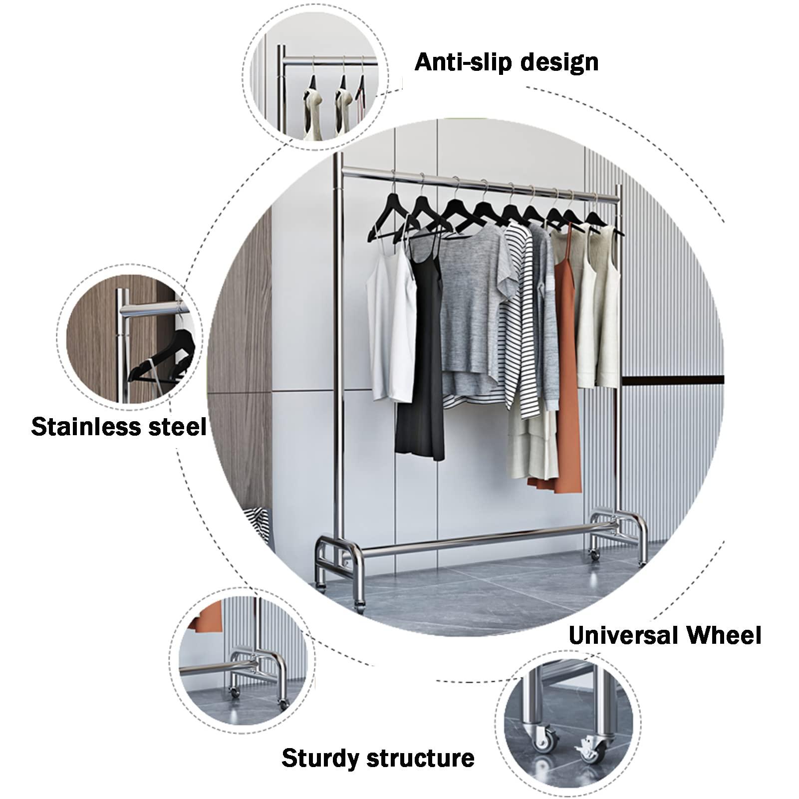 HomeLoft Basics Garment Rack Silver Stainless Steel Clothes Rack with Wheels Metal Single Rail Clothing Rack Large Capacity Coat Rack for Bedroom and Living Room Easy to Assemble(Color:120x40x165cm) (150x40