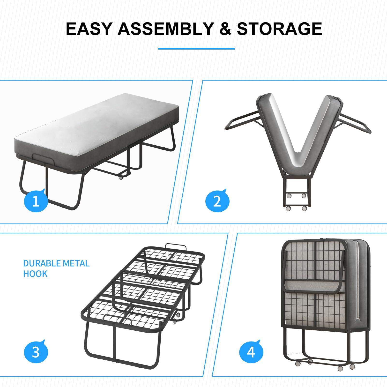 PUREMIND PUREMIND Folding Bed with Mattress for Adults, Portable Rollaway Guest Beds with 4\" Memory Foam Mattress & Metal Frame, Twin Size Foldable Bed Fold Away Bed Space Saving