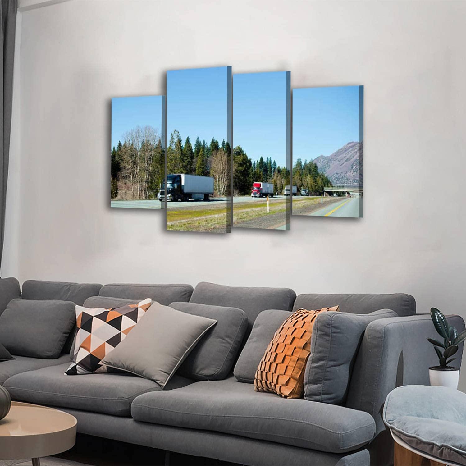 CXHSZHYZYQ Canvas Wall Art Prints Pictures Semi trucks trucking convoy interstate highway California Stretched & Framed Modern Wall Painting Home Decor for Living Room Bedroom Ready to Hang 4 Panel