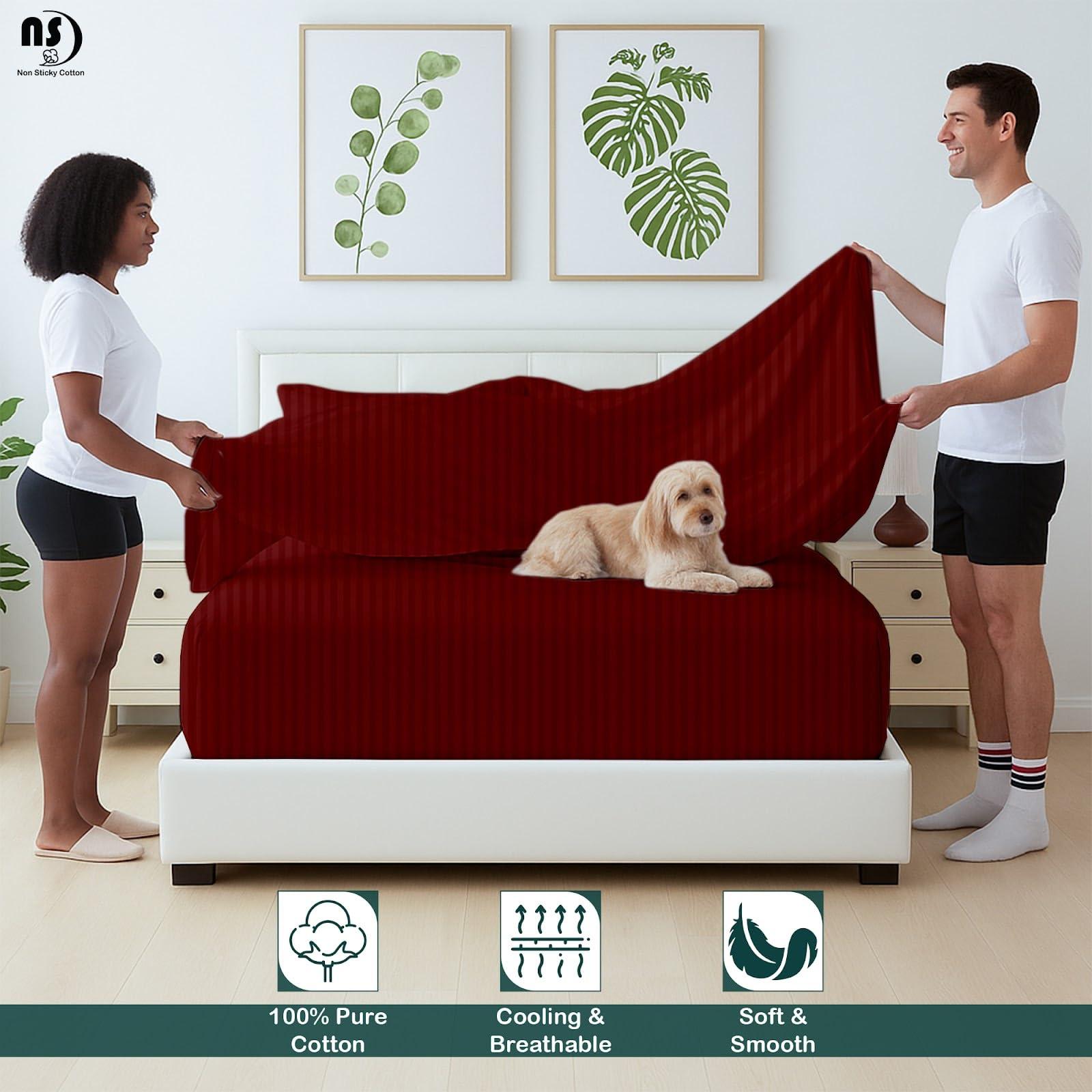 NON Sticky cotton Queen Size Sheet Set - 6 Piece Set - 400-Thread-Count 100% Egyptian Cotton Bed Sheets - Deep Pockets - Easy Fit - Bed Sheets Queen Size Set - Burgundy Stripe Bed Sheets - Queens Sheets - 6 PC