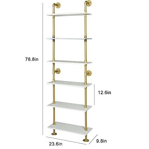 HEONITURE HEONITURE Industrial Gold Bookshelf-6 Tier Wall Mounted Ladder Bookshelf, Rustic Gold Storage Book Shelves Display Bookcases for Living Room/Home/Office