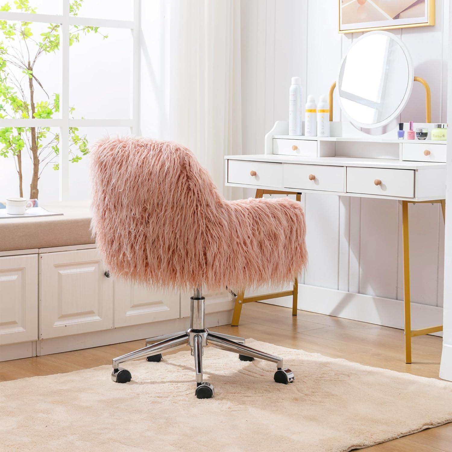 HomVent HomVent Faux Fur Vanity Chairs with Wheels Pink Furry Makup Desk Chair for Kids,Women,Grils,Cute Home Office Computer Chair,Swivel Task Arm Chairs for Bedrooms,Living Room,Study,Dressing