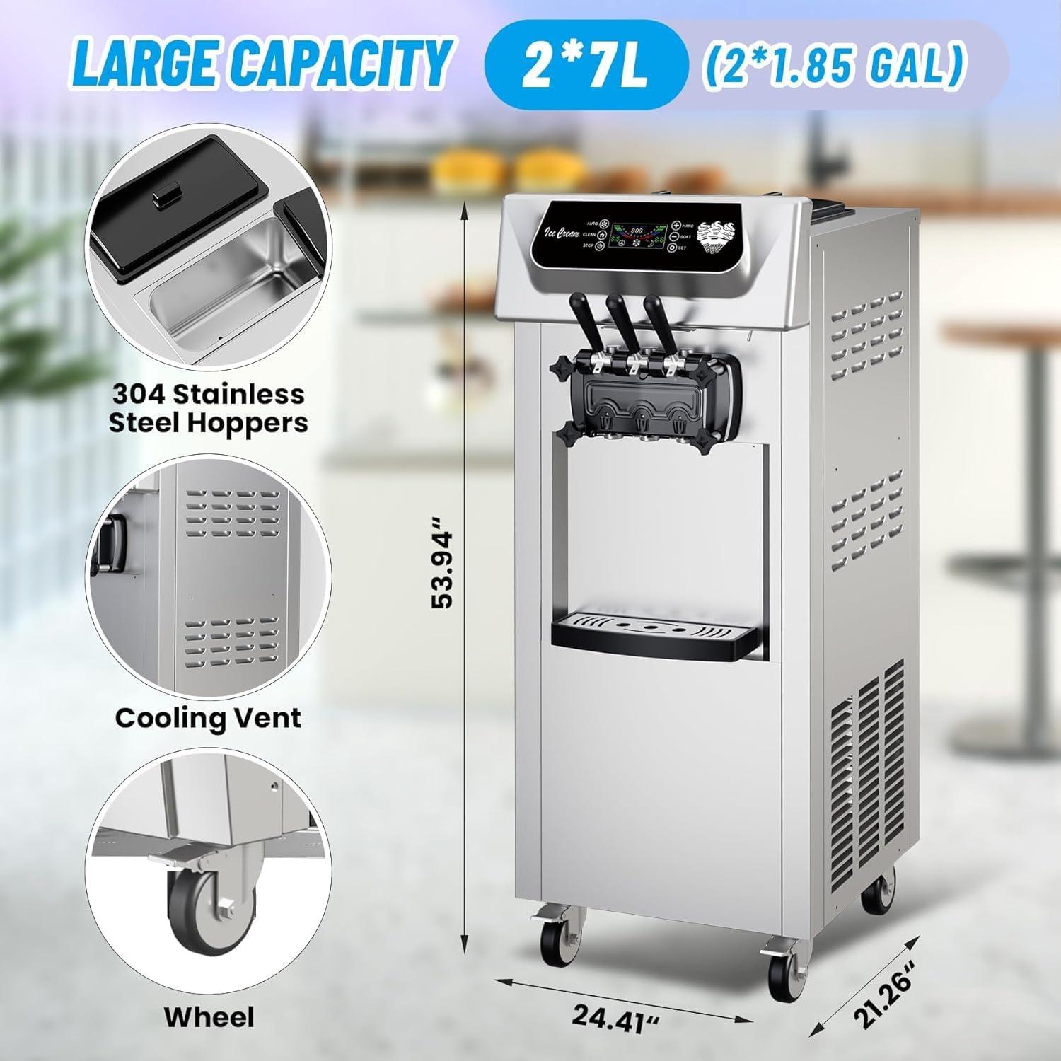 Entcook Entcook Commercial Ice Cream Maker, 3 Flavors, 20-28L/H Yield, LCD Panel, Auto Clean, 2200W Countertop Soft Serve Machine w/ 2x7L Hopper, Frozen Yogurt Maker for Restaurant Snack Bar US plug