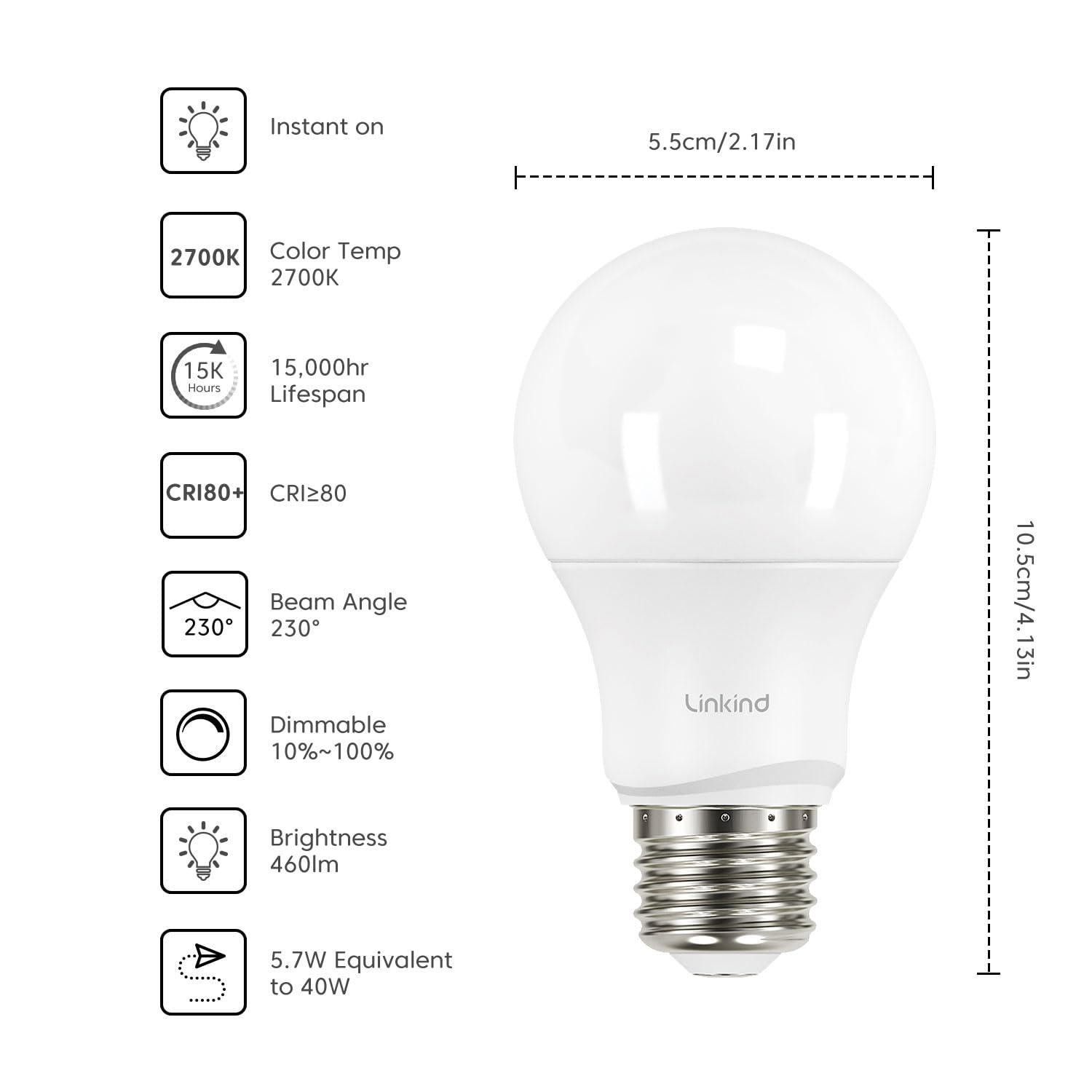 Linkind Linkind A19 LED Light Bulbs Dimmable, 40 Watt Equivalent, E26 Base, 2700K Soft White, 5.7W 460 Lumens CRI80+, 120V, UL Listed FCC Certified, LED Lights for Bedroom Living Room Home Office, 6 Packs