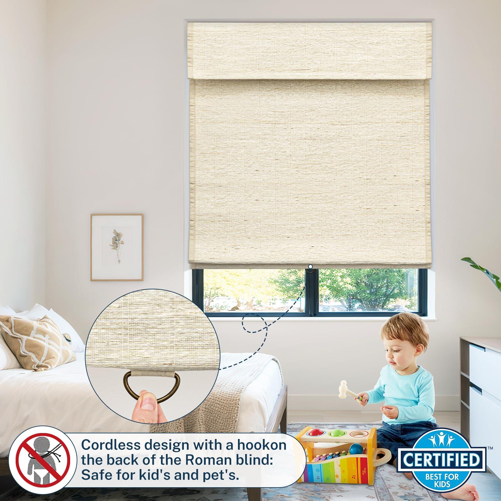 Pasoun Pasoun Cordless Roman Shades Custom Natural Linen Weaving Roman Blinds Blackout Room Darkening Window Blind Privacy Roll UP Shade for Windows Bedroom Kitchen (Beige Stripe, 22" W x 72" H)