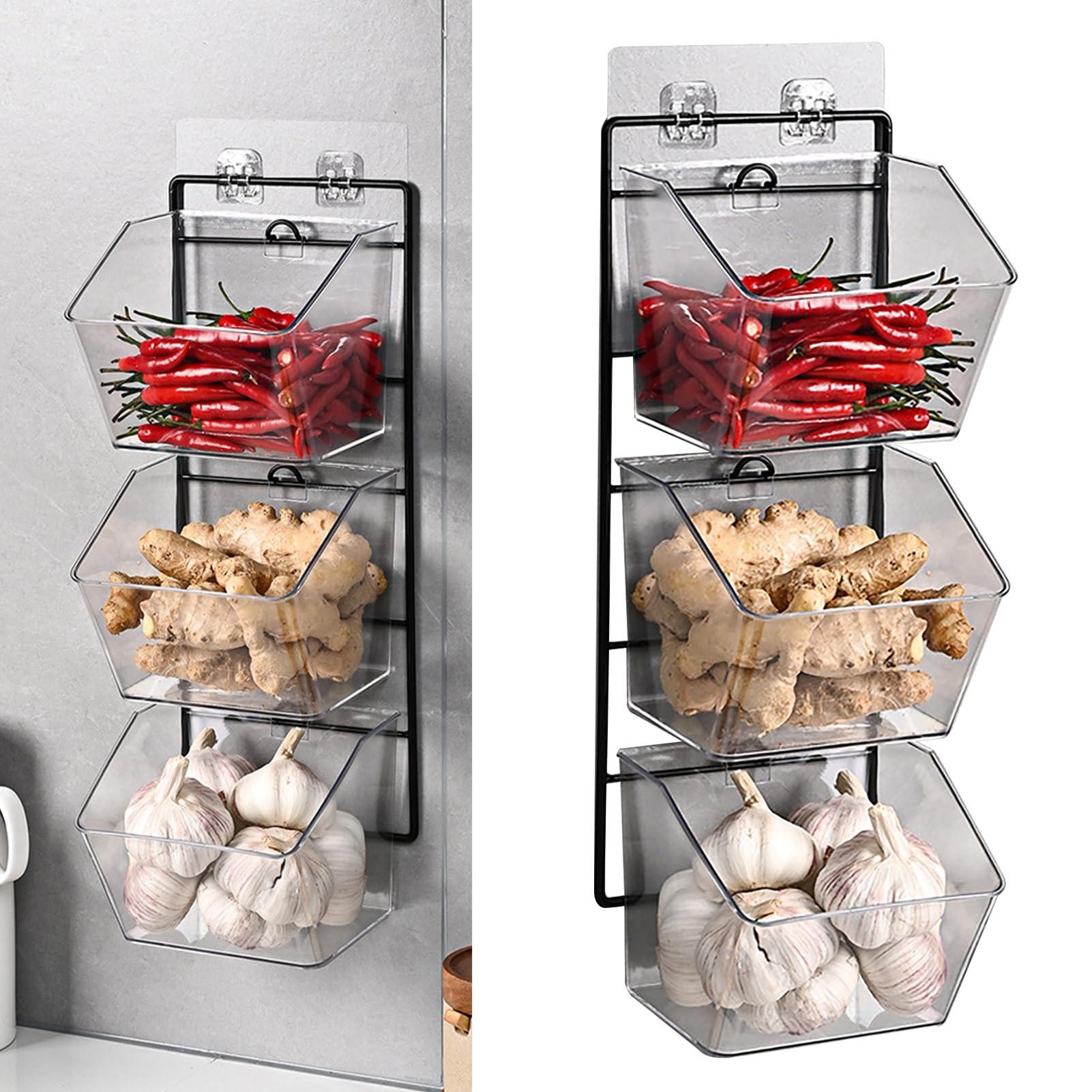 Enforose Onion Ginger Garlic Storage Basket Kitchen Garlic Head Wall Hanging Basket, Ginger Garlic Storage Rack Wall Food Box(Vertical Chest Suspension)