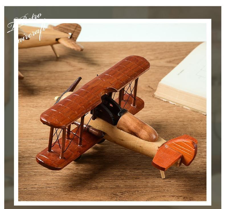 SHOUYANUS Retro Wood Airplane Decoration, Plane Model for Home (8.1\" x 7.87\" x 3.74\")