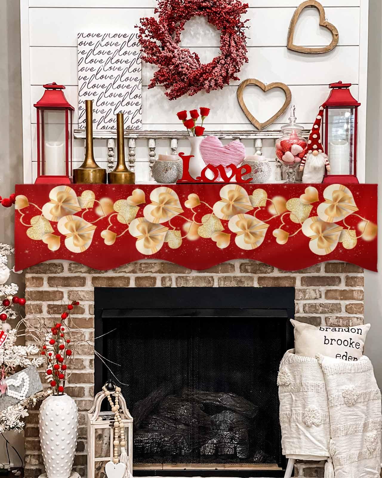 ALAGEO Mantel Scarf Gold Red Valentines Day Fireplace Mantel Scarf Cover Love Heart Bow Tie Fireplace Cloth Table Runner Decoration for Home Living Room Valentine\'s Day, Wedding, Anniversary 60 x 17 in