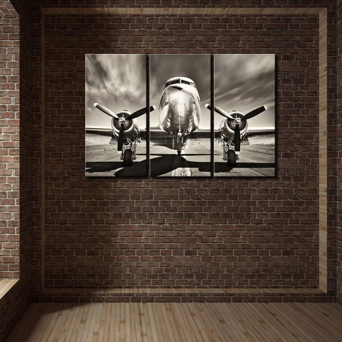 KLVOS KLVOS 3 Piece Airplane Wall Art Vintage Black and white Propeller Aircraft Picture for Boy Room Home Office Modern Home Decor Stretched and Framed Ready to Hang - 16"x32"x3pcs