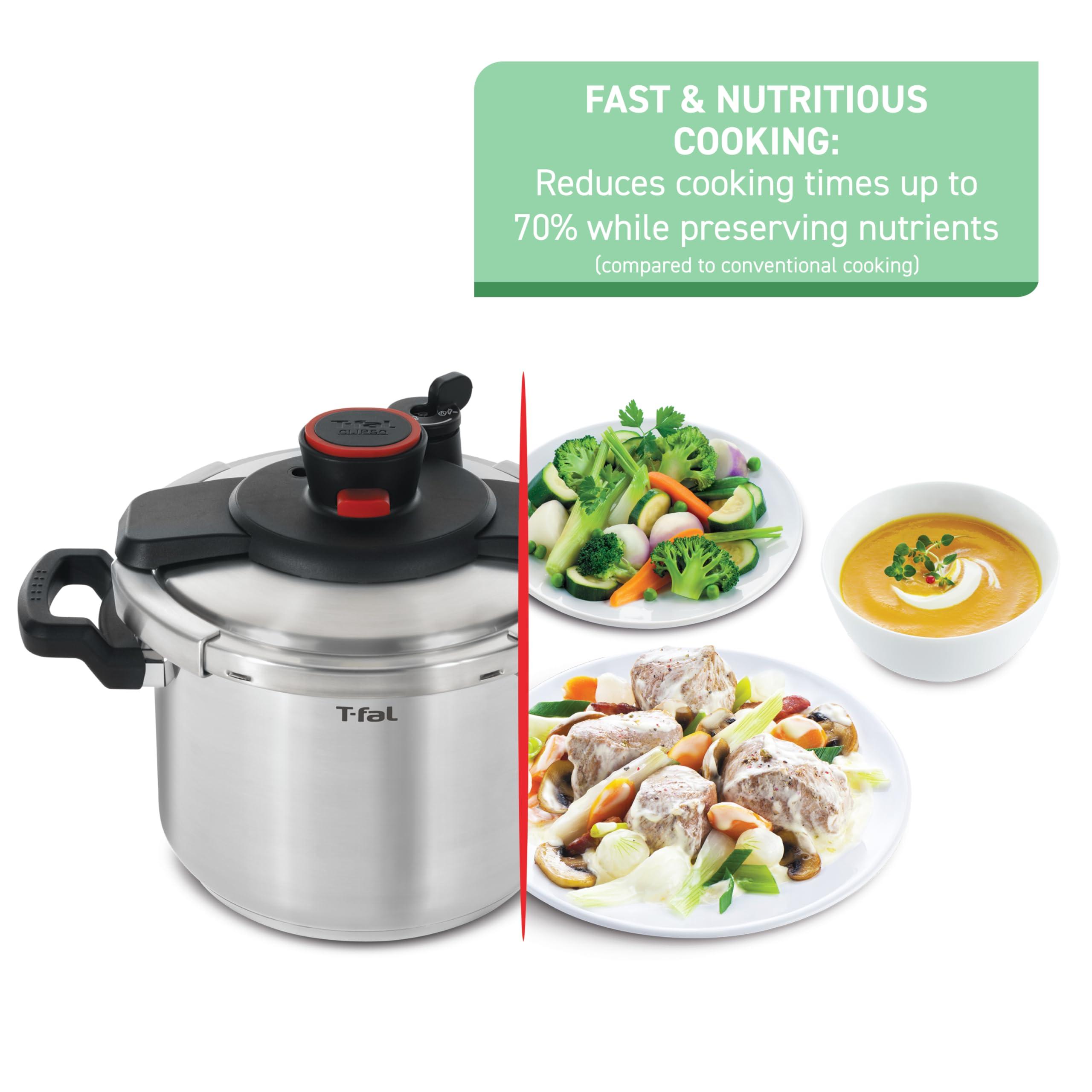 T-fal T-fal Clipso Stainless Steel Pressure Cooker 6.3 Quart, Induction , Secure locking System, One Hand System, Recipe Book Included, Cookware, Pots and Pans, Kitchen, Dishwasher Safe, Silver