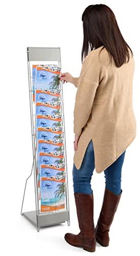 Displays2go Portable Literature Stand with 10 Pockets for 8.5x11 Magazines, Carrying Bag Included, 54\"h Floor-Standing Magazine Rack with Tiered Design, Steel (Silver)