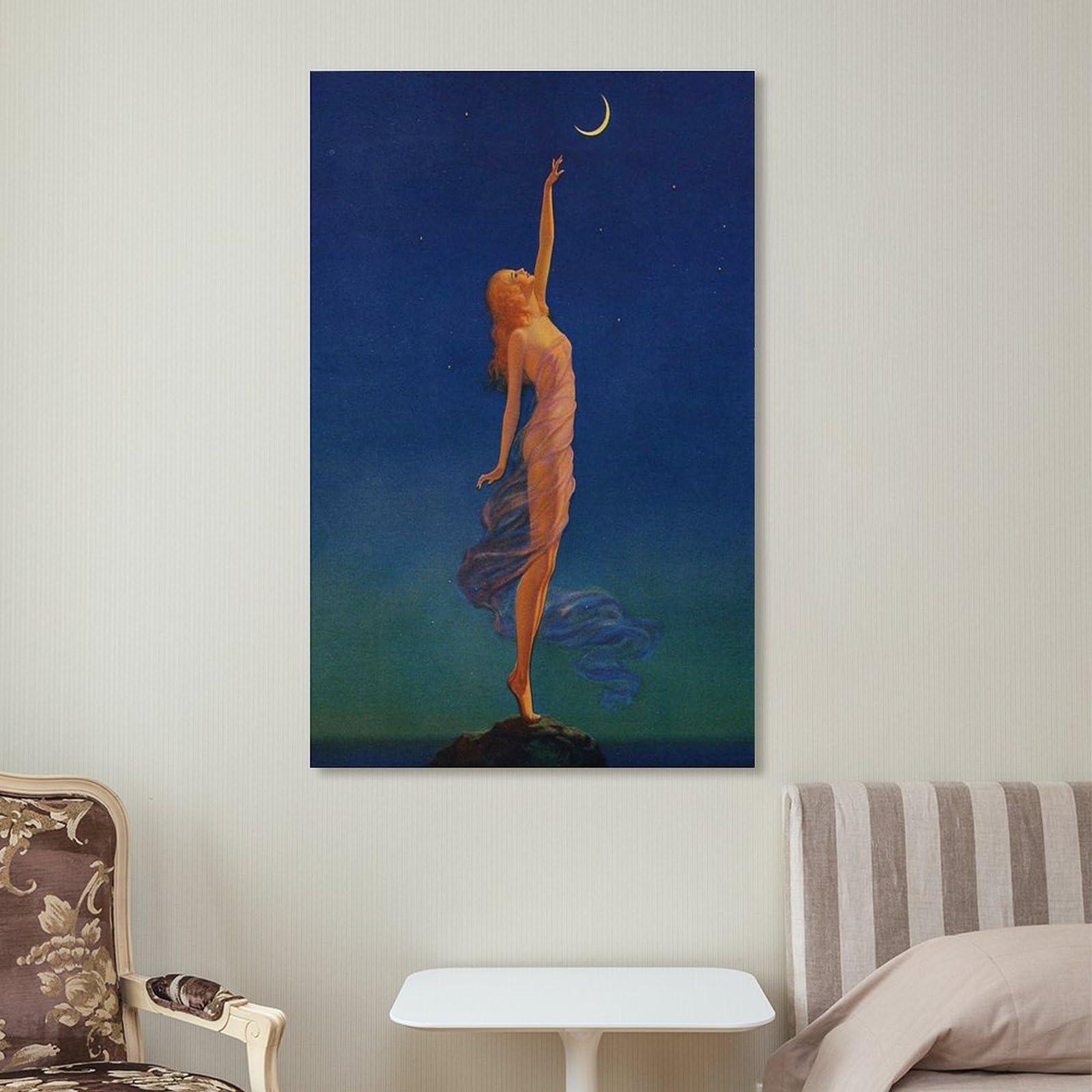 generic Maxfield Parrish Painting Reach for The Moon, Blue, Famous Vintage Painting Poster, Romantic Renaiss Wall Art Paintings Canvas Wall Decor Home Decor Living Room Decor Aesthetic Prints 08x12inch(20x30