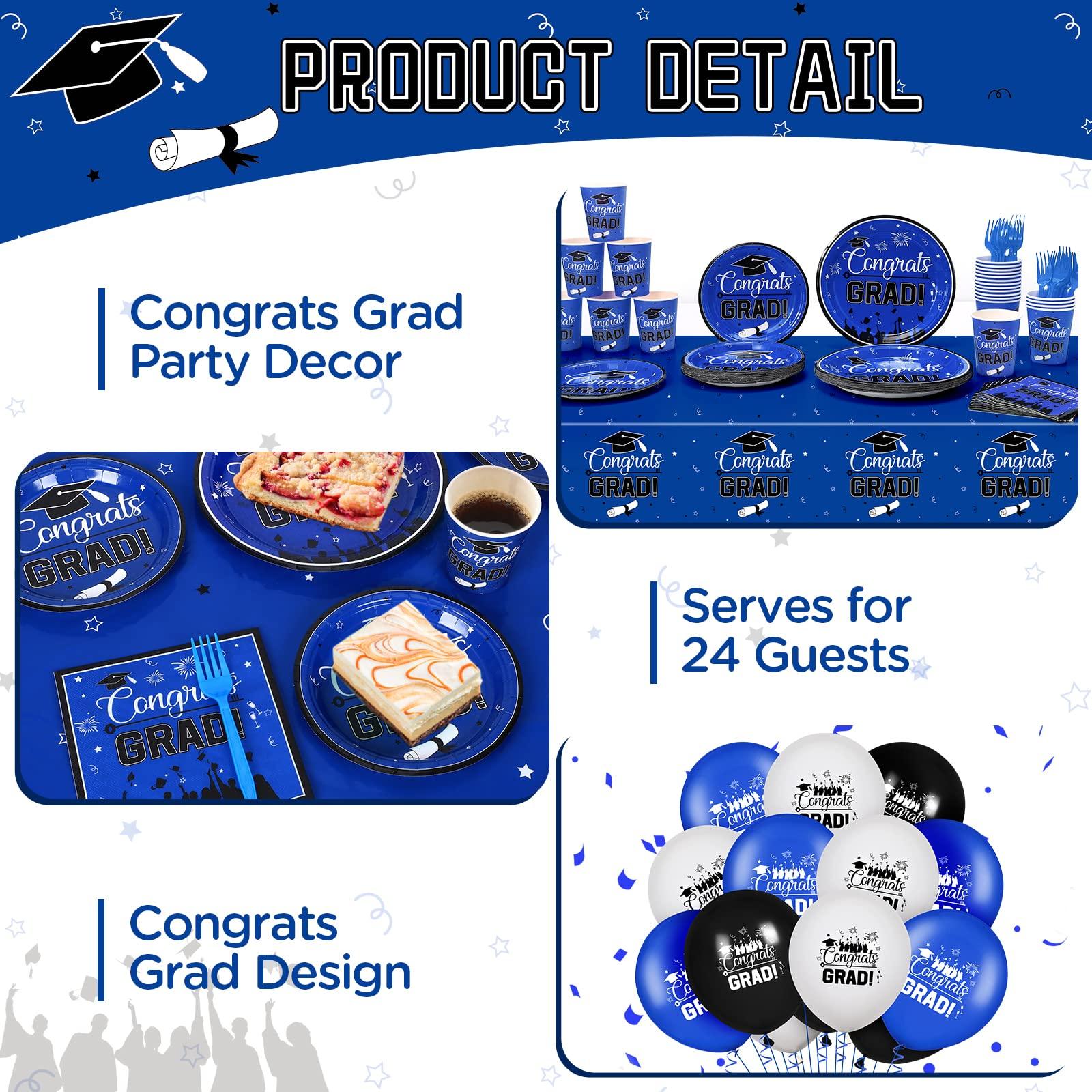 Rumia Graduation Party Decorations 2024 Blue Black Serve 24 Disposable Dinnerware Tableware Plates Napkins Cups Tablecloth Banner Balloons Graduation Congrats Grad Supplies for Class of 2024 School Students
