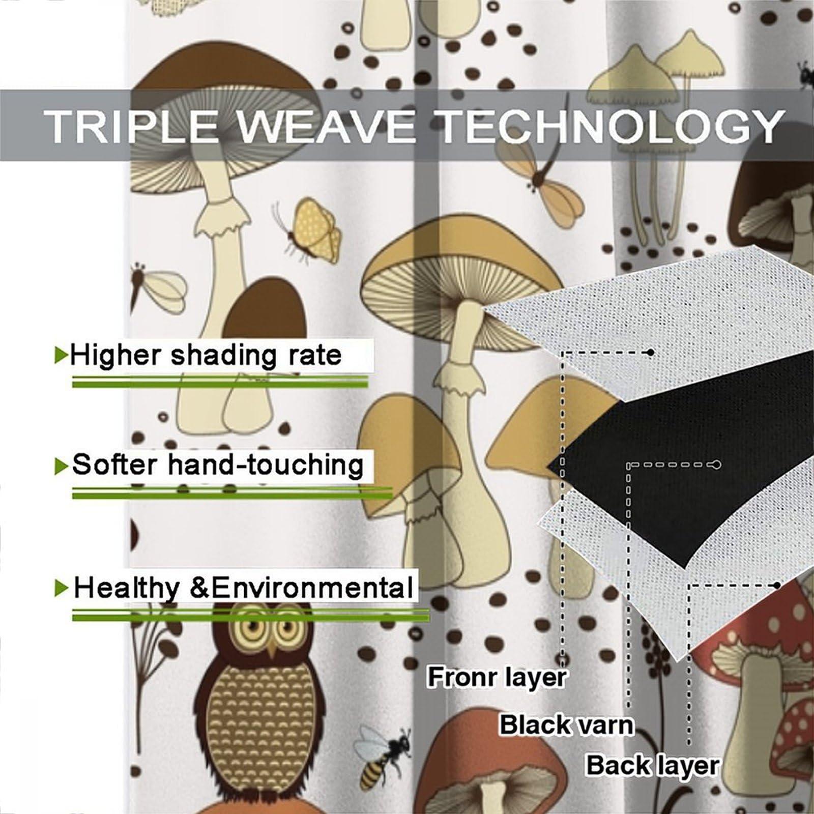 KANEPE Mushroom Blackout Curtains, Funny Cartoon Owls and Cute Cartoon Mushrooms Window Treatments, Rod Pocket Thermal Insulation Drapes for Bedroom Living Room Kitchen Decor, 55" W X 63" L