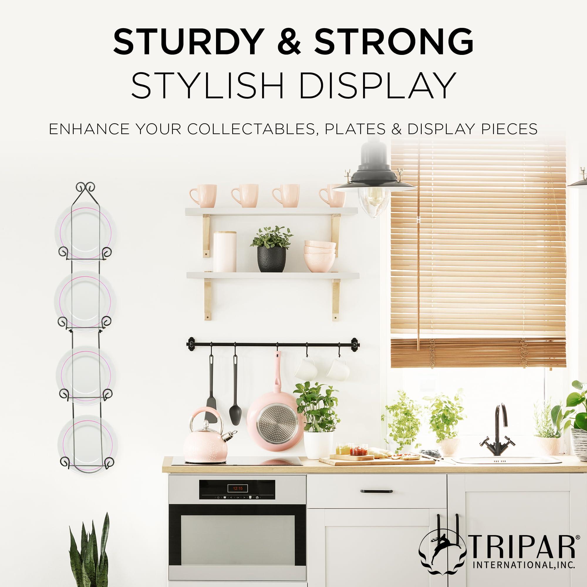 TRIPAR TRIPAR Vertical Wall Plate Rack, Black Display (4 Tiers) - Lightweight & Durable - Contains 4 Non-Adjustable Brackets - Elegantly Display Plates, Tiles, Artwork, & More