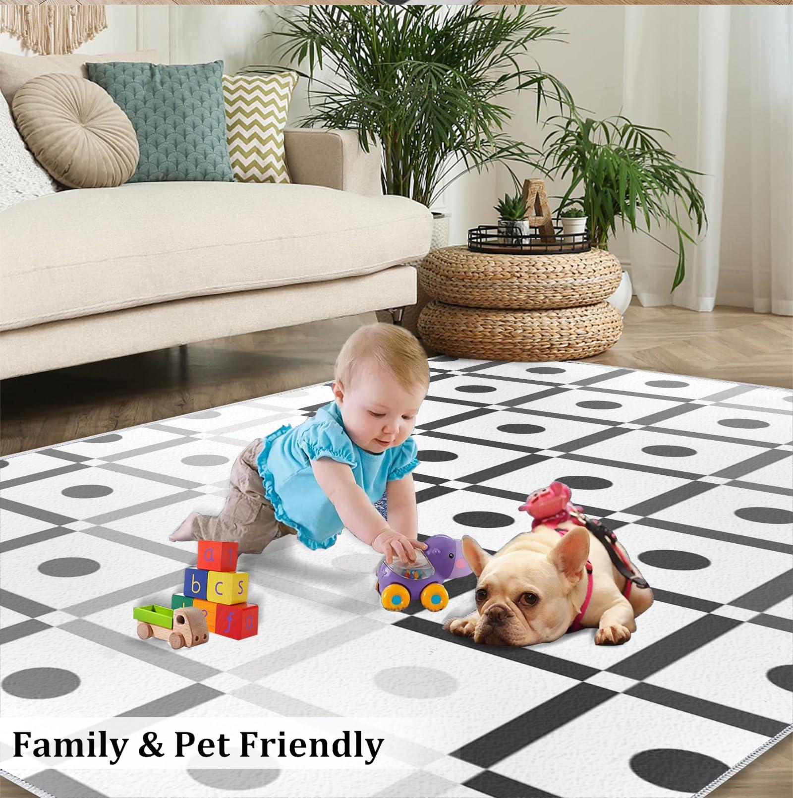 BUPEKEQ BUPEKEQ Classroom Rug 8x10 Bohemian Lines Living Room Rug, Gradients Geometric Plaid Retro Rug, Front Door Decor Rug Machine Washable Non Shedding Non Slip Low Pile for High-Traffic Living Room