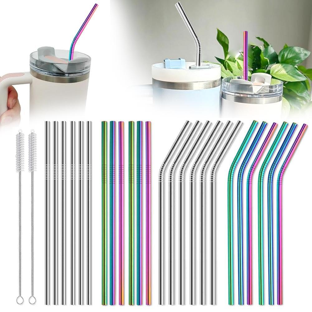 HFLWYWD Stainless Steel Straw,Reusable Stainless Steel Metal Straws with Brush,Environmentally Friendly Metal Straws for Stanley Cup,0.23\"/6mm Diameter Straws Straight Bent for Stanley Tumbler (silver A)