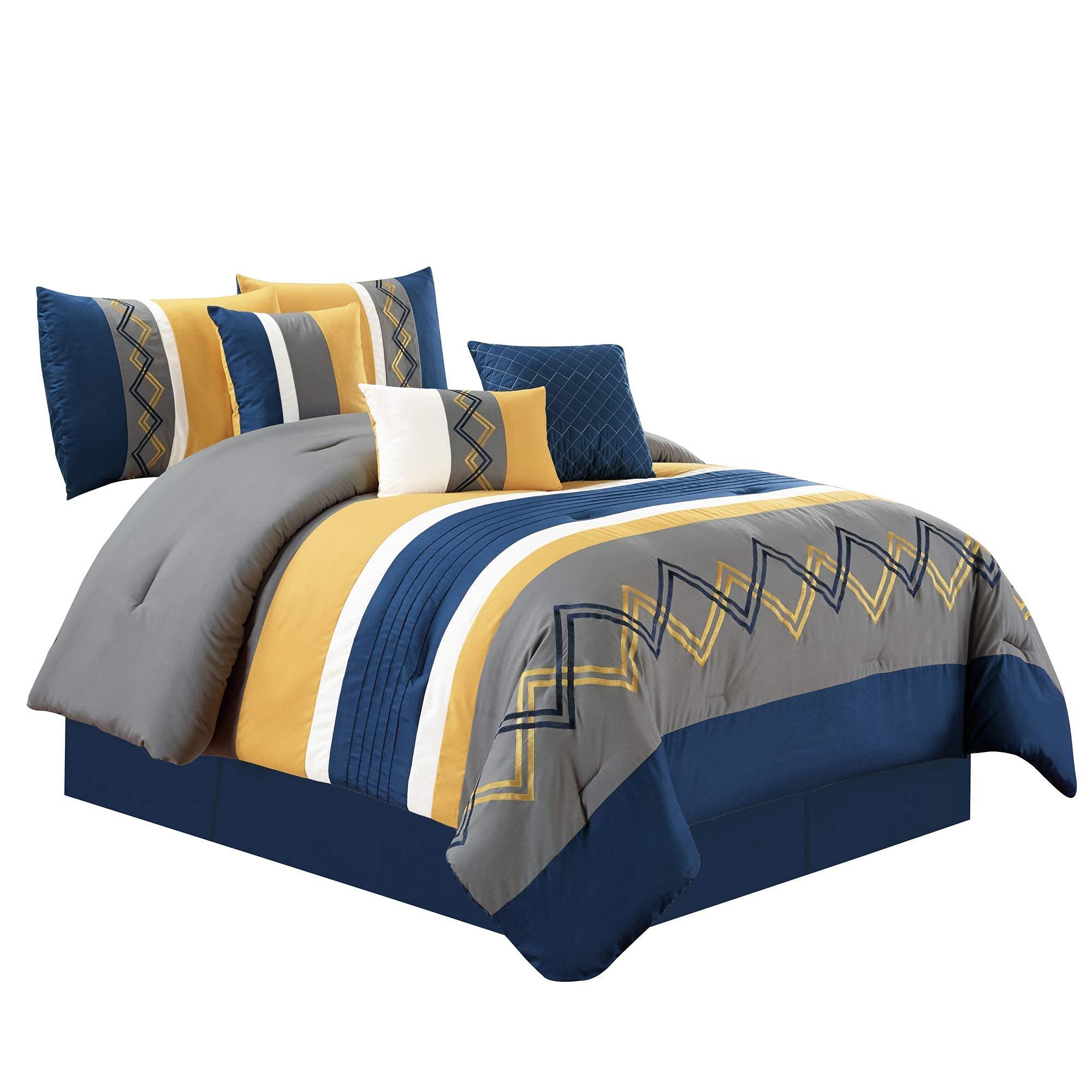 Chezmoi Collection Chezmoi Collection Arden 7-Piece Modern Pleated Stripe Embroidered Zigzag Bedding Comforter Set (King, Navy/Gray/Yellow/White)