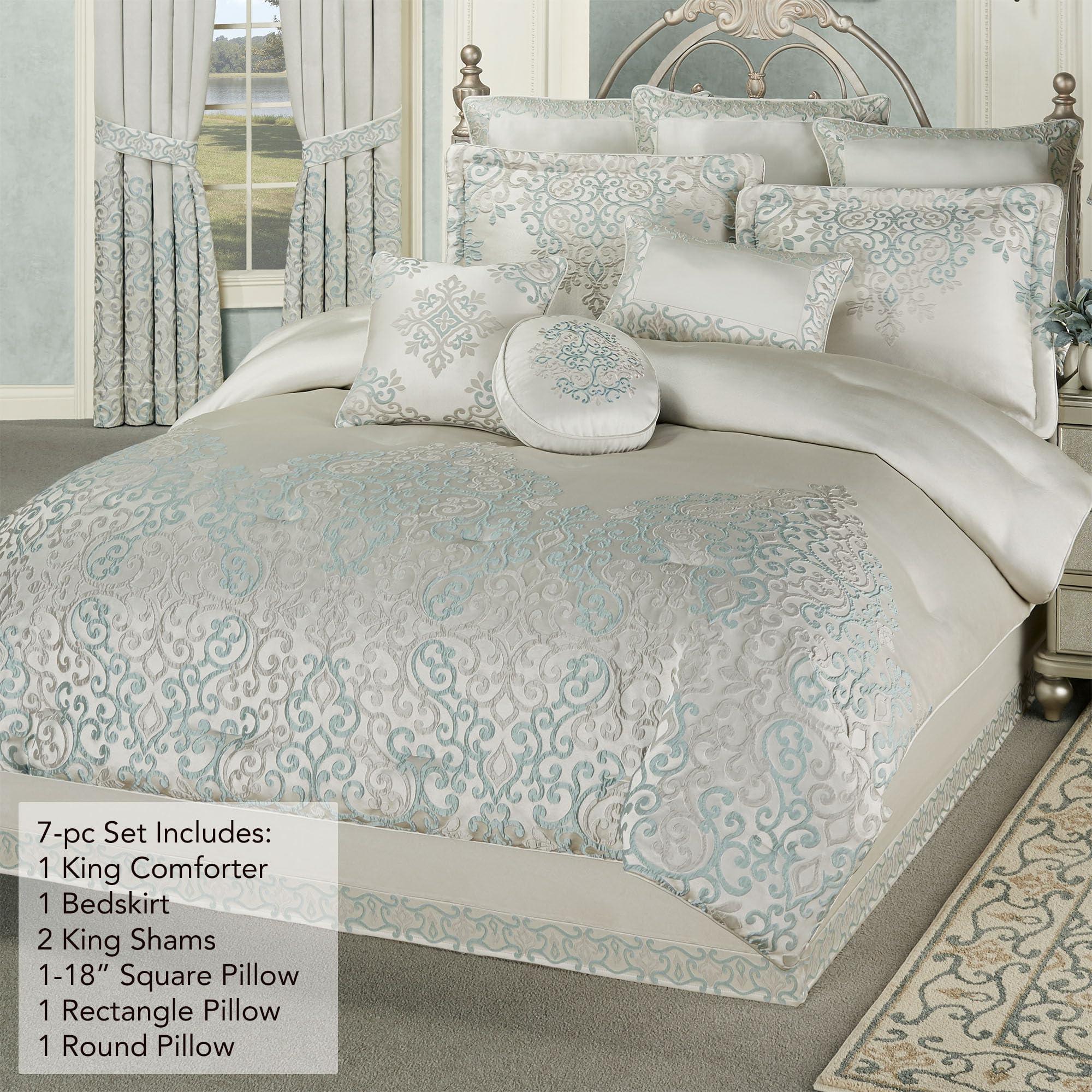 J. Queen New York J. Queen New York Luxurious Avalon Bedding | Sophisticated Jacquard Woven Scroll | Oyster Spa Silver Gray | 7 Piece Set: King Comforter, 2 King Shams, Bedskirt, and 3 Decorative Pillows