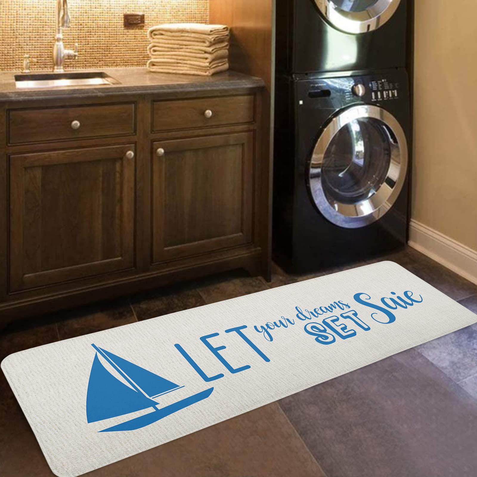 Sabolny Ocean Sailboat Kitchen Runner Rug Mat, Bath Shower Bathtub Welcome Door Floor Mat, Country Rustic Burlap Beige Blue Summer Washable Indoor Outdoor Throw Entry Area Rug Doormat