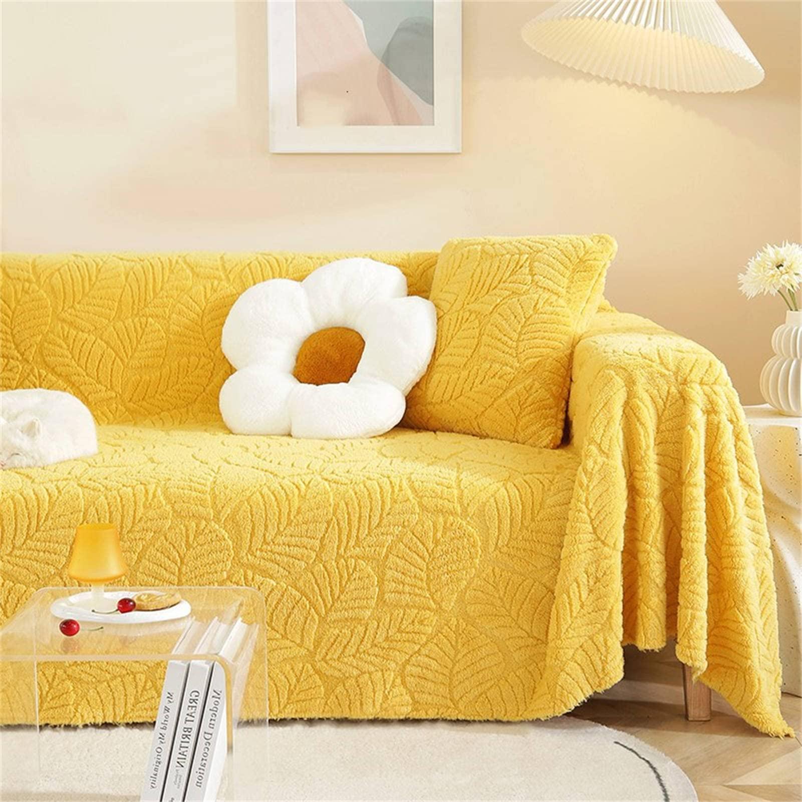 SPOUR Throws for Sofas Large Throws for Settees, Soft Cozy Warm Fluffy Jacquard Blanket for Couch Beds Sofa, Solid Color Sofa Throw Blanket (Yellow-A,180x130cm)