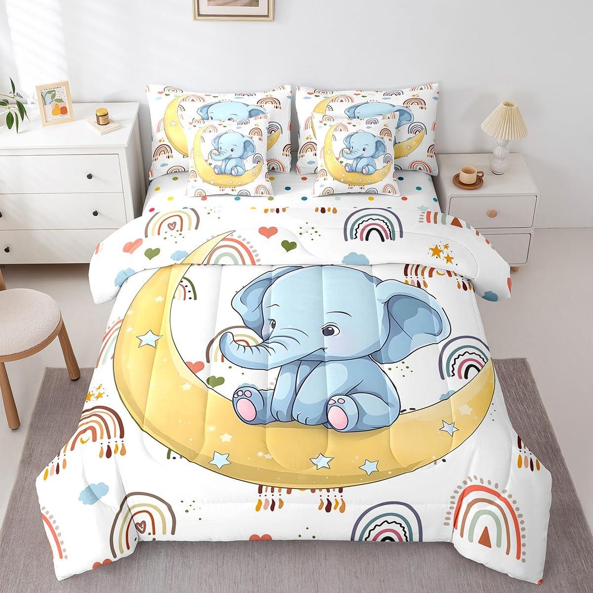 Feelyou Feelyou Cartoon Elephant 7 Piece Bedding Set Queen Size Star Moon Comforter Set with Sheets for Boys Girls Rainbow Bed in a Bag Women Men Cute Animal Bed Set