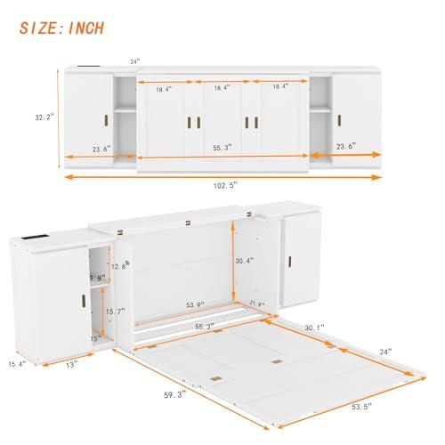 Ball & Cast Ball & Cast Full Size Murphy Bed Chest,Cabinet Hideaway Platform Bedframe with Shelves and USB Ports,Wood Furniture can be Folded,Easy Assembly,Platform Bedframe for Kids Bedroom,Student Dorms,White