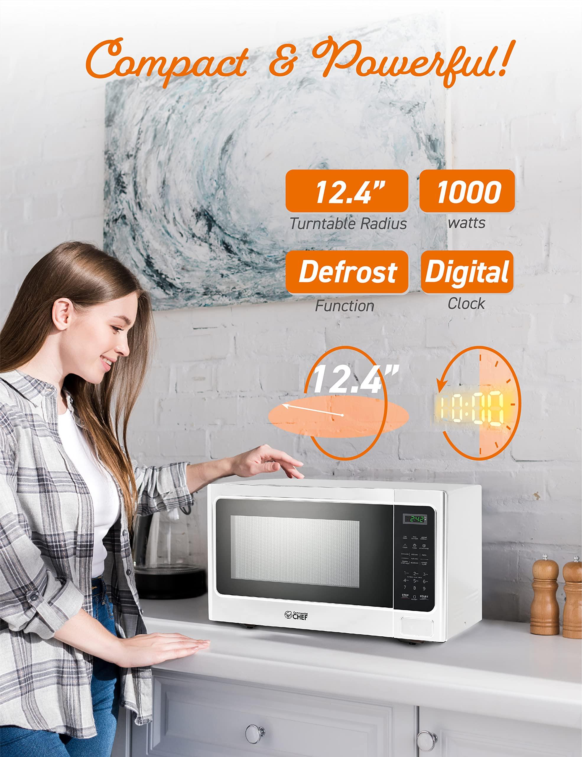 Commercial CHEF COMMERCIAL CHEF Microwave 1.3 Cu Ft with 10 Power Levels, Microwave with Push Button Door Lock, 1000W Countertop Microwave with Timer and Digital Controls, White