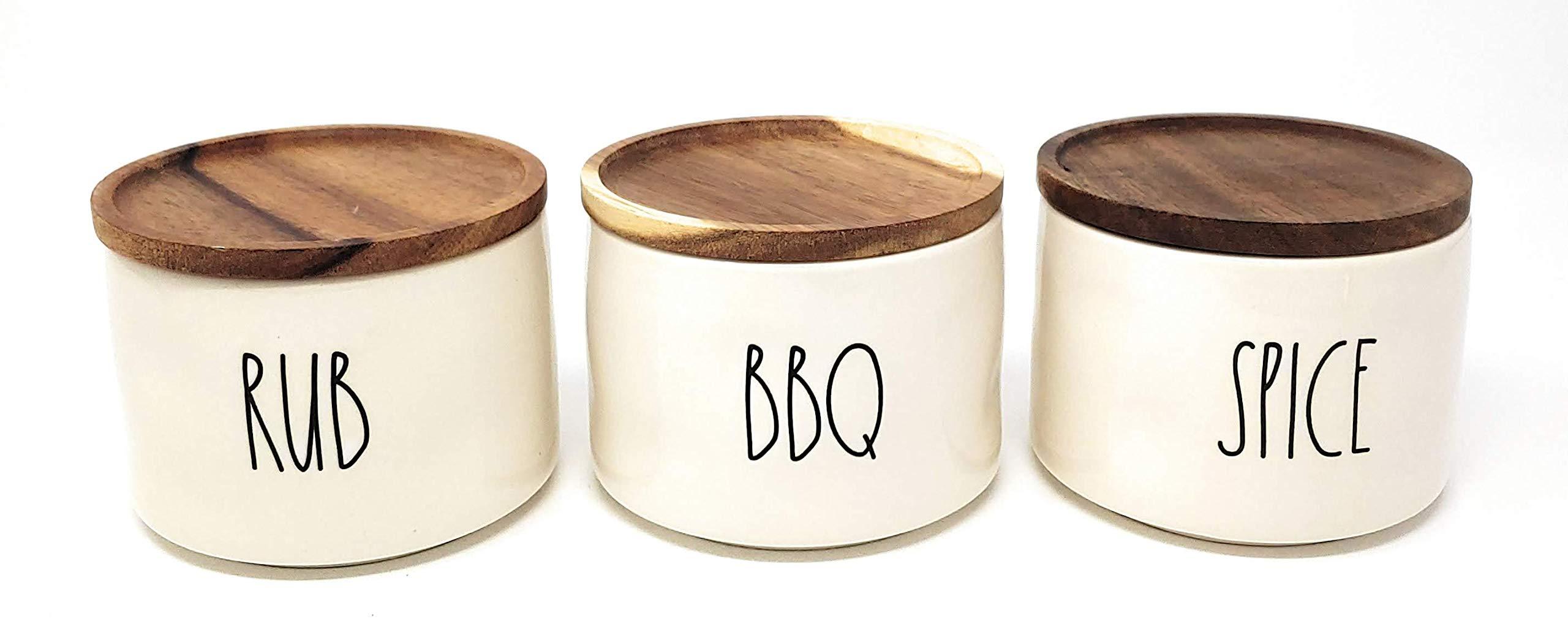 Magenta Collection Rae Dunn by Magenta, unique with perfect imperfections. SPICE, BBQ, RUB- Stacked ceramic canister set, beige, black LL, 10in x 4.25in x 4.25in