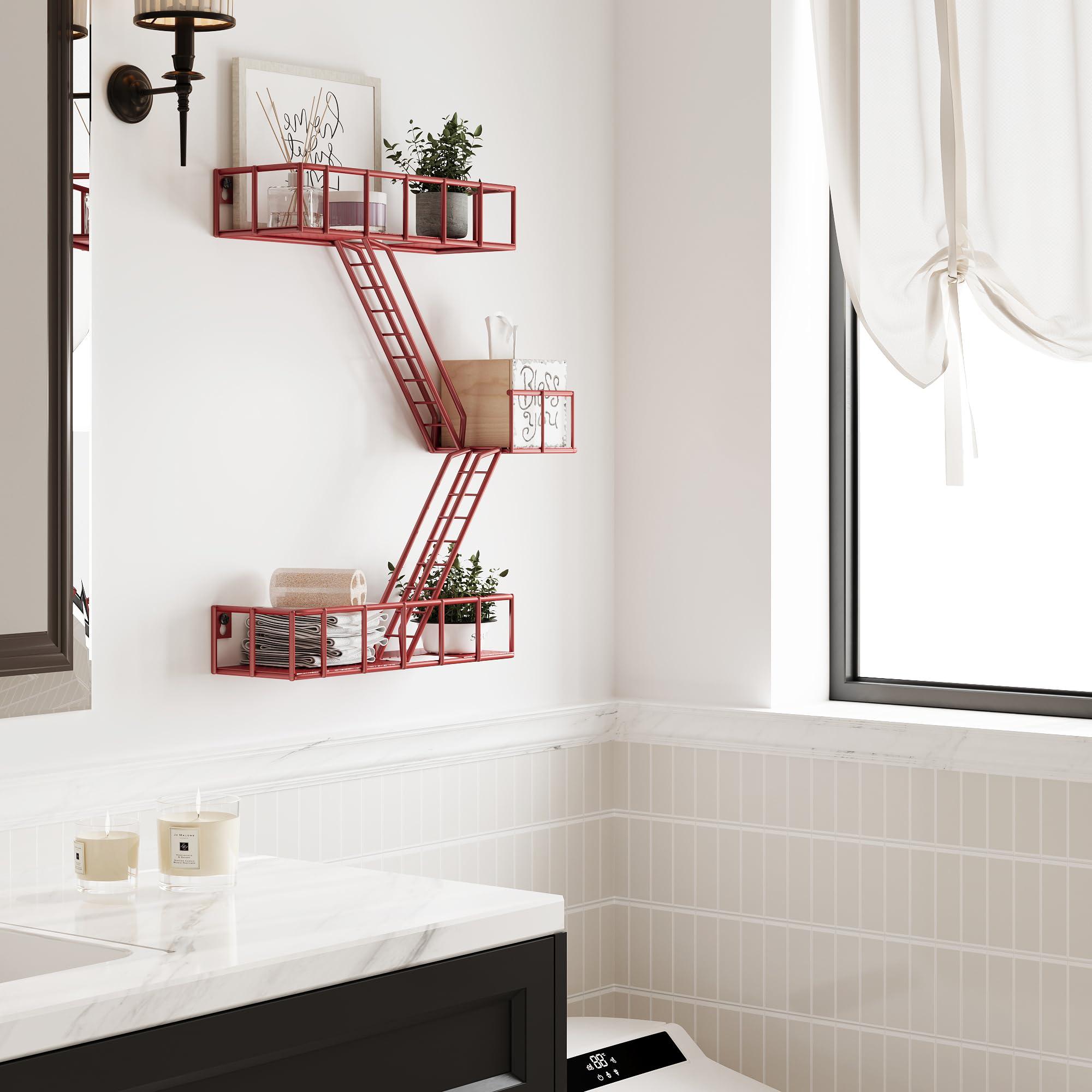 LUDORU Fire Escape Wall Shelf with Baskets, 3-Tier Metal Fire Escape Ladder Shelf Wall Organizer, New York Inspired Decorative Shelf, Red Floating Action Figurine Display Shelves for Bedroom, Home Dcor.