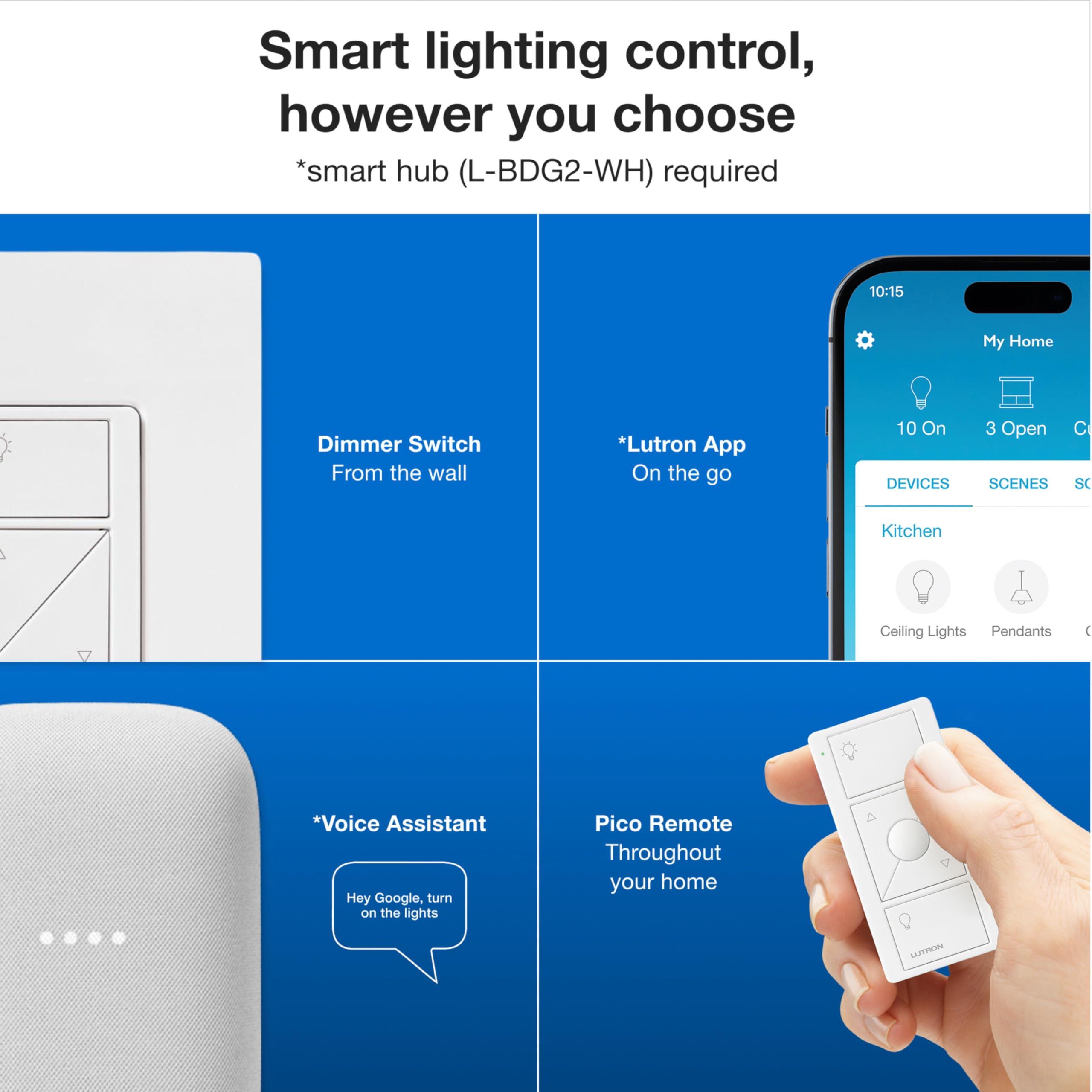Lutron Lutron Caseta Smart Lighting Original Dimmer Switch, for Light Bulbs, Works w/ Alexa, Apple Homekit, Google Home (Hub Required), 150W Single-Pole/3-Way, No Neutral Required, PD-6WCL-WH, White