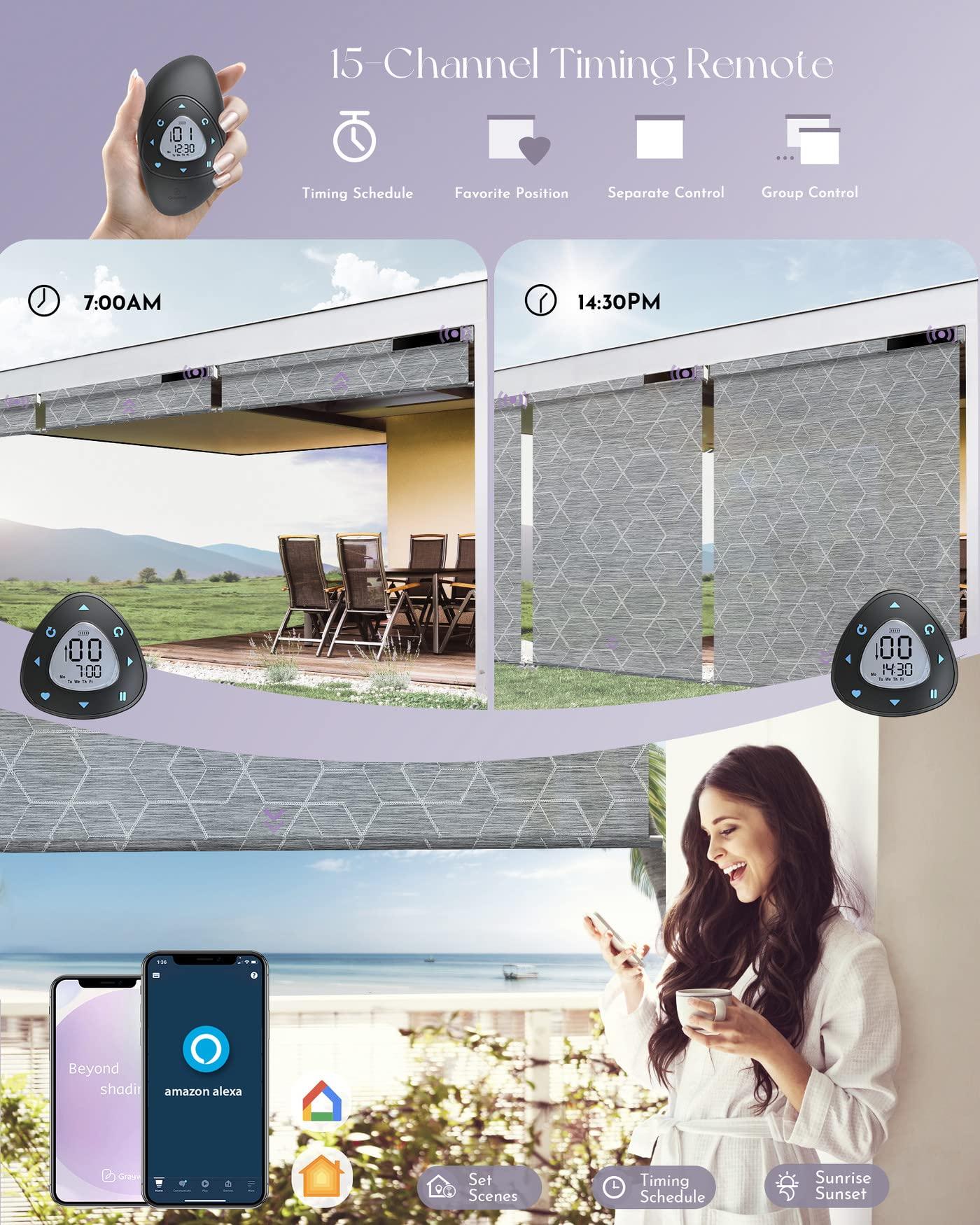 Graywind Graywind Motorized Outdoor Shades for Patio Compatible with Alexa Google Smart Sun Shades Exterior Solar Powered Blinds Electric Roller Shades for Patio Outside, Custom Size (1% Geometry Grey)