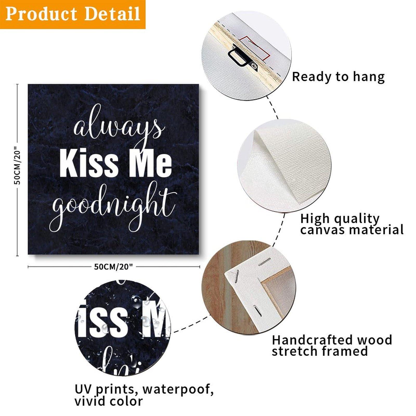 COCOKEN COCOKEN Always Kiss Me Goodnight Canvas Hanging Wall Art Poster with Motivational Quote, Painting Farmhouse Home Wall Decoration for Bedroom Bathroom, Wedding Gift, 20x20 Inch