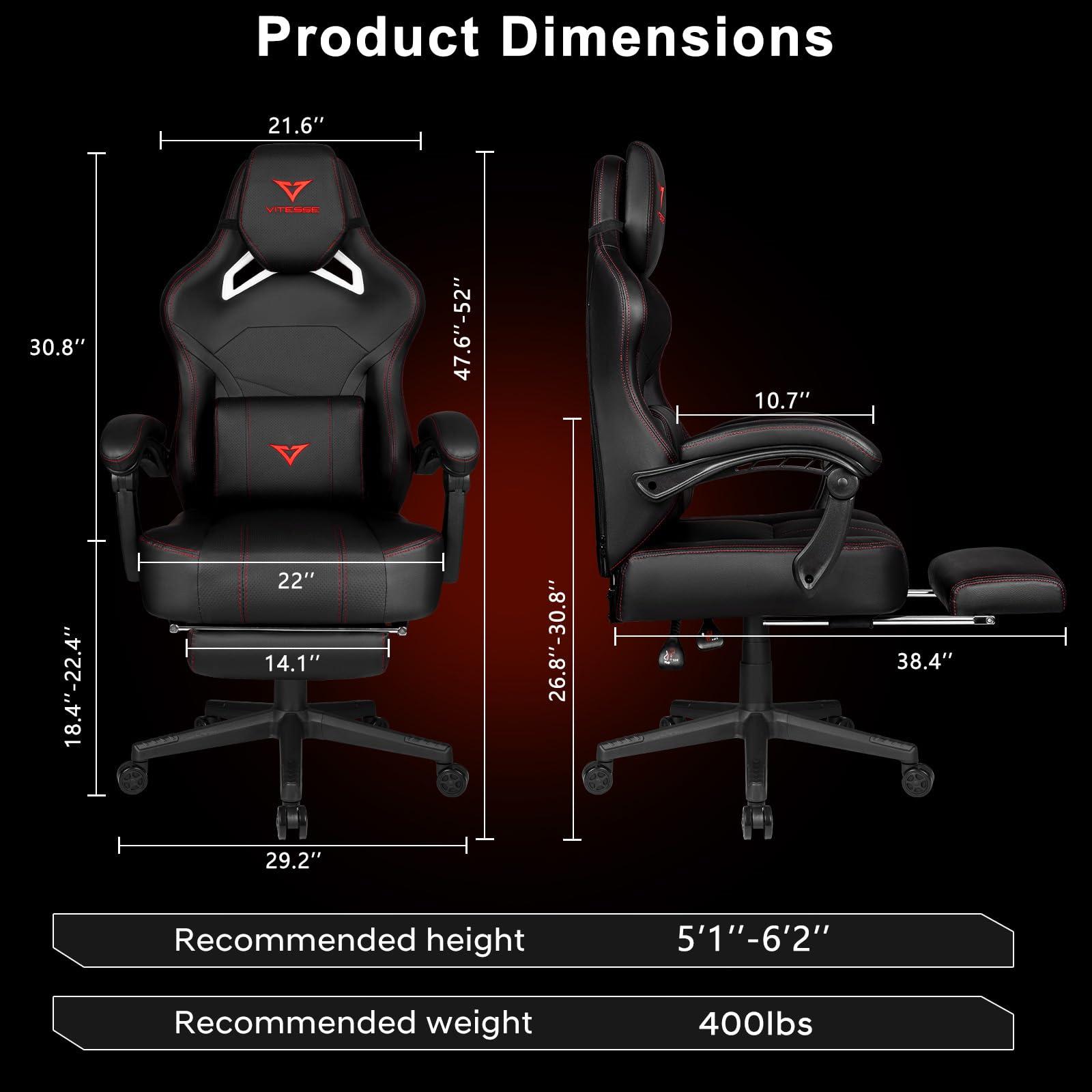 VITESSE VITESSE Big and Tall Gaming Chair 400lb Weight Capacity with Footrest, Ergonomic Video Game Chair for Adults with Oversized Headrest and Lumbar Pillow, Computer Chair Gaming for Office (Black+Red)