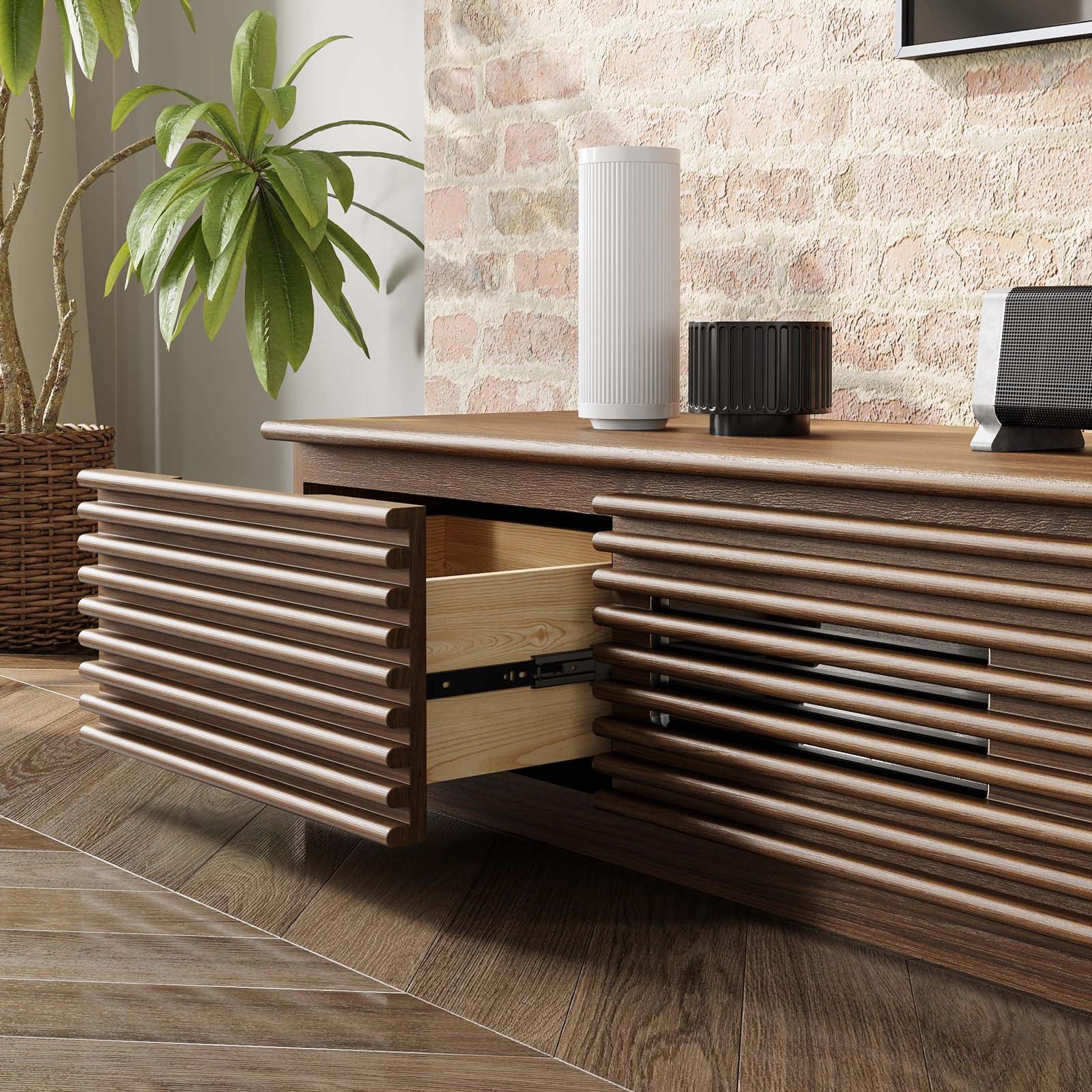 POVISON POVISON Wood Media Console, 70\'\' Mid-century Modern TV Stand with Storage, Assembly-Free Slatted TV Cabinet with Customized Compartments & Solid Pinewood Drawer