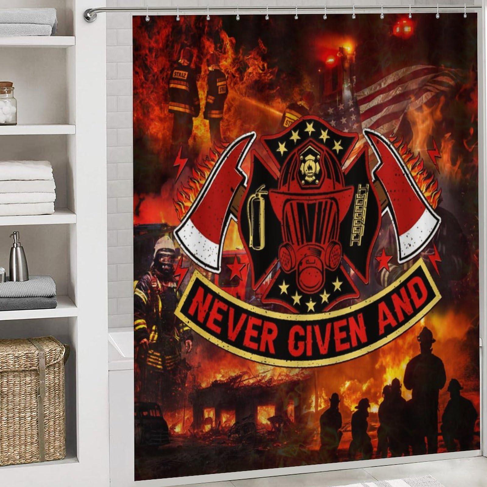 JretailAx Modern Hero Theme Fireman 4 Piece Shower Curtain Sets,Cool Modern Firefighter Burning Flame American Flag Non-Slip Rugs,Toilet Lid Cover and Bath Mat,Durable and Waterproof,for Bathroom Decor Set