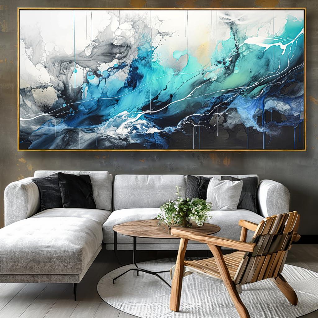 liysawg Wall Art Abstract Canvas Painting Teal Blue Modern Artwork for Living Room Bedroom Dining Room Home Office Decor 30\"x60\" with Framed
