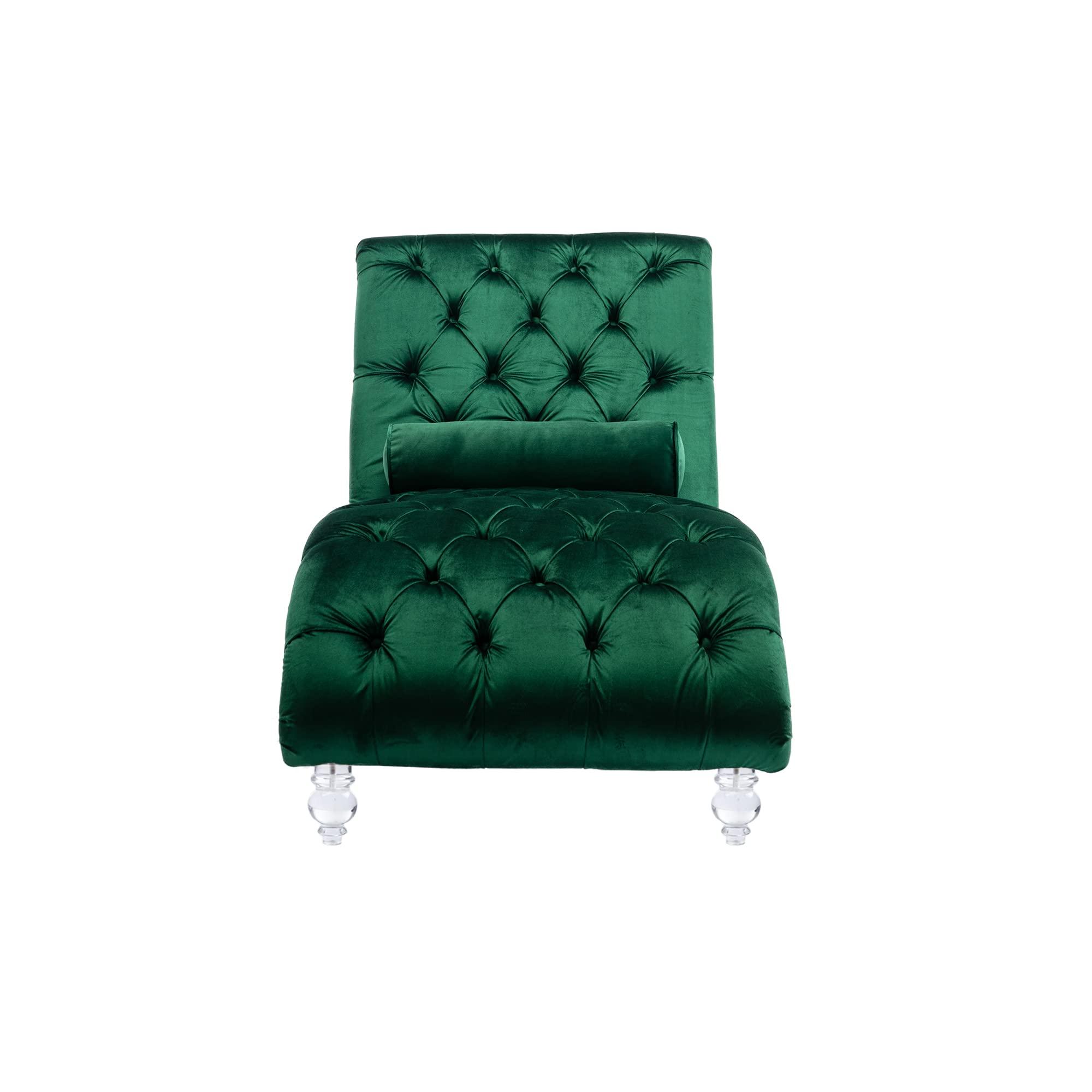 KT Rolster KT Rolster Chaise Lounge Chair Indoor, Small Chaise Lounge, Upholstered Chaise Lounge Chair, Mid Century Modern Velvet Chaise Lounge Chair with Acrylic Legs and Lumbar Pillow for Bedroom Living Room