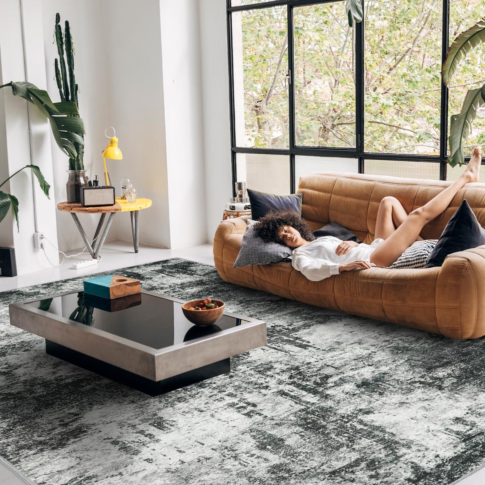 RUUGME RUUGME 9X12 Abstract Area Rug:Large Washable Living Room Rug Indoor Non Slip Low Pile Carpet for Bedroom Soft Foldable Stain Resistant Distressed Thin Rug for Dining Room Kitchen 9X12 Black A