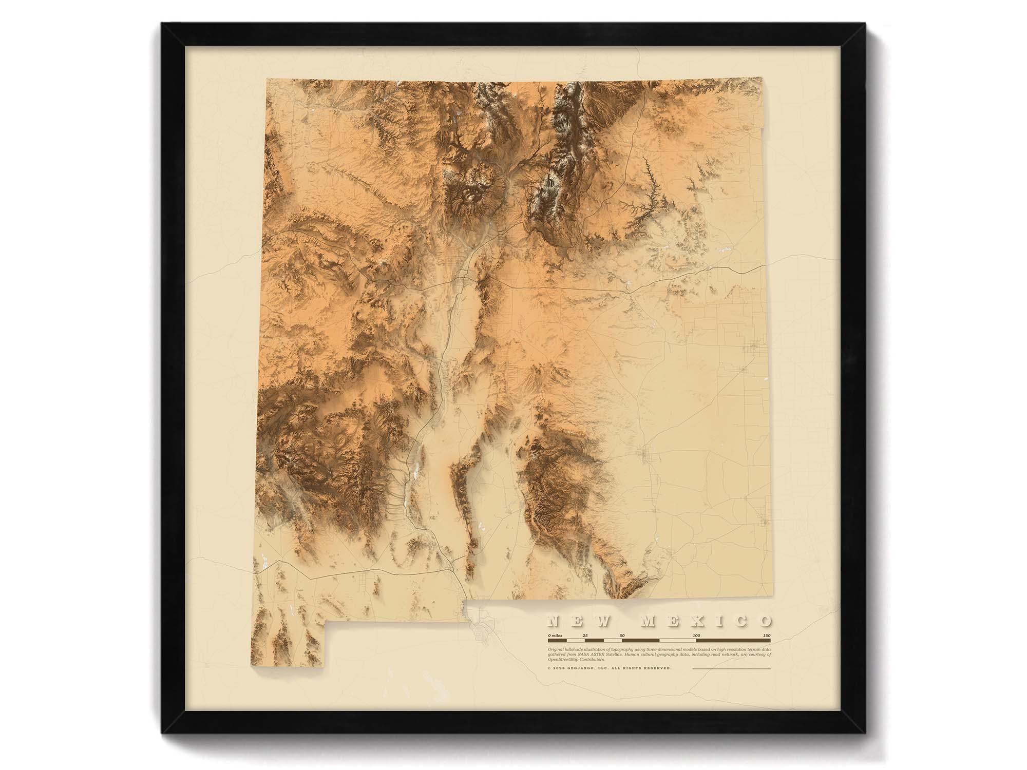 GEOJANGO GeoJango Maps, New Mexico State Physical Map; Topo Topographical Elevation Shaded Relief Framed Picture, 24x24 inch map (Antique)