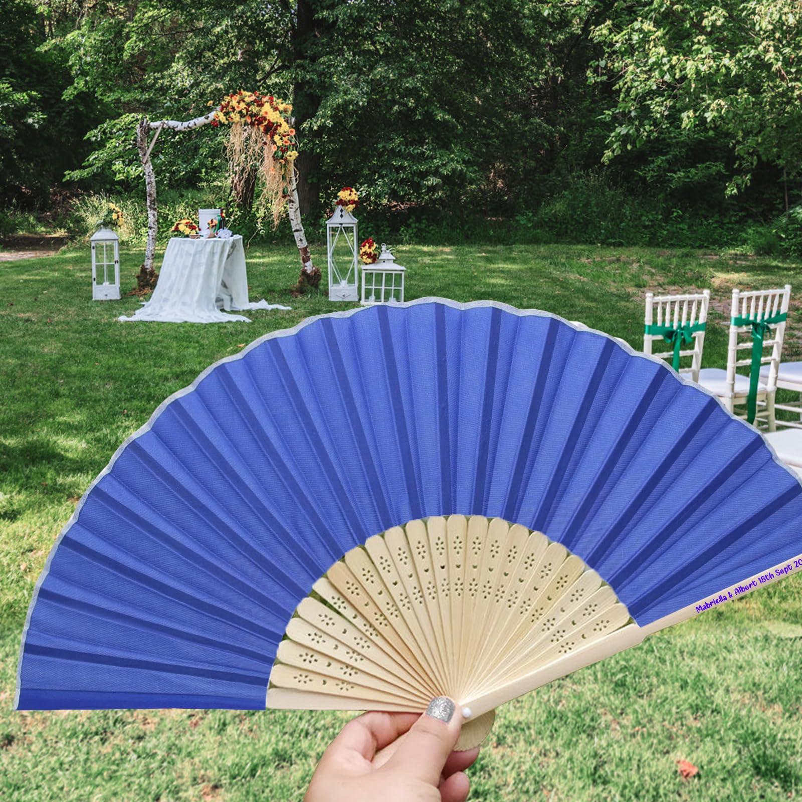 LYOUF 70pcs Personalized Fans for Wedding Favors Bulk, Custom Hand Fans for Guests/Bridal/Bridesmaid, Customize Silk Decorative Folding Fans Women Foldable, Birthday Party Fans Gifts, Bamboo Fan Dark Blue